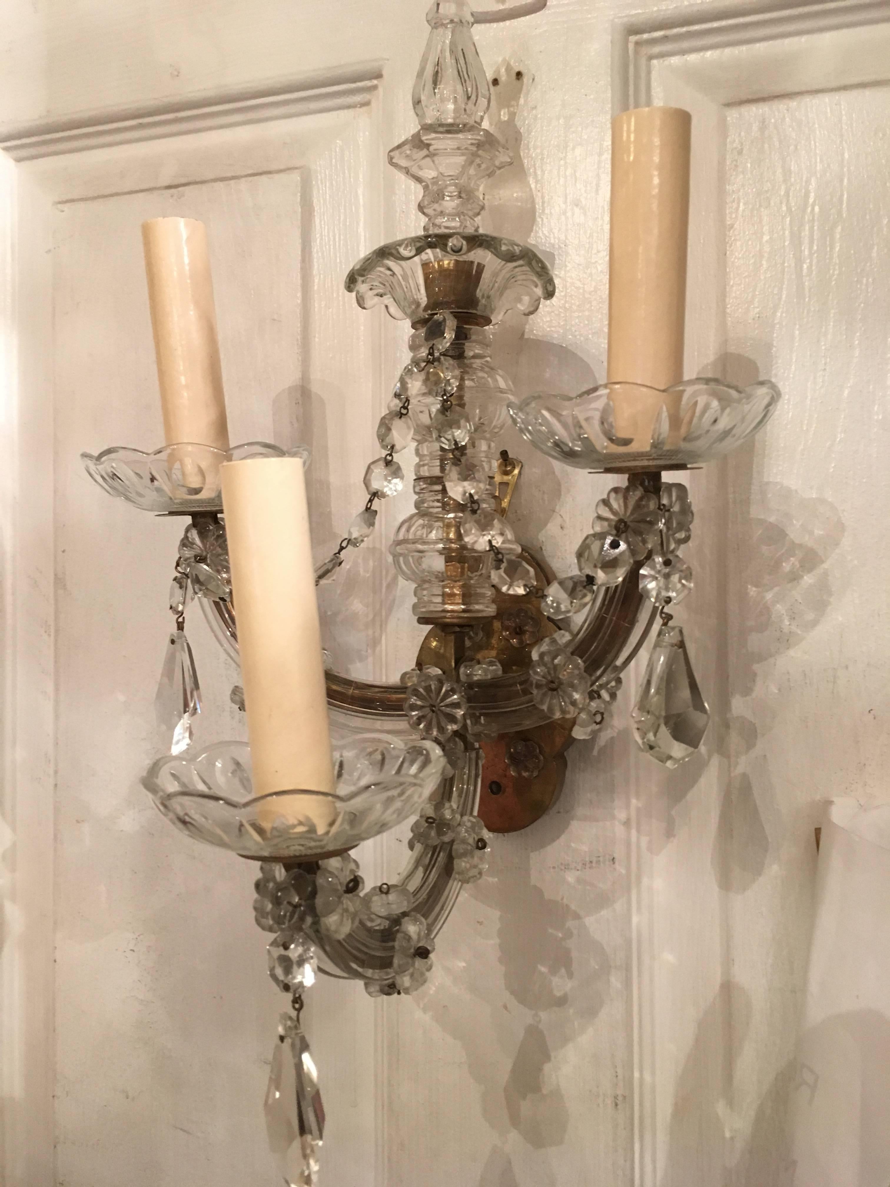 20th Century Pair of French Cut Crystal Sconces For Sale