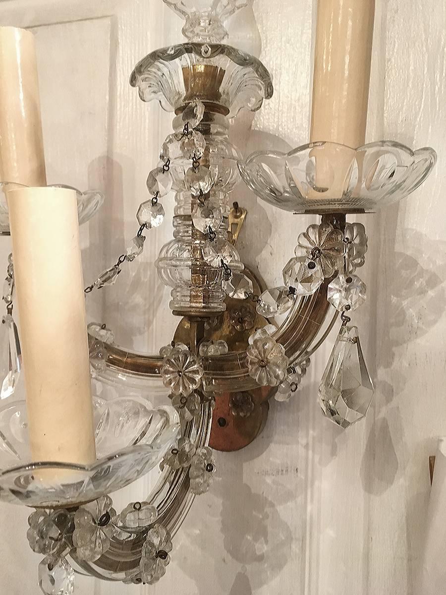 Pair of French Cut Crystal Sconces For Sale 1
