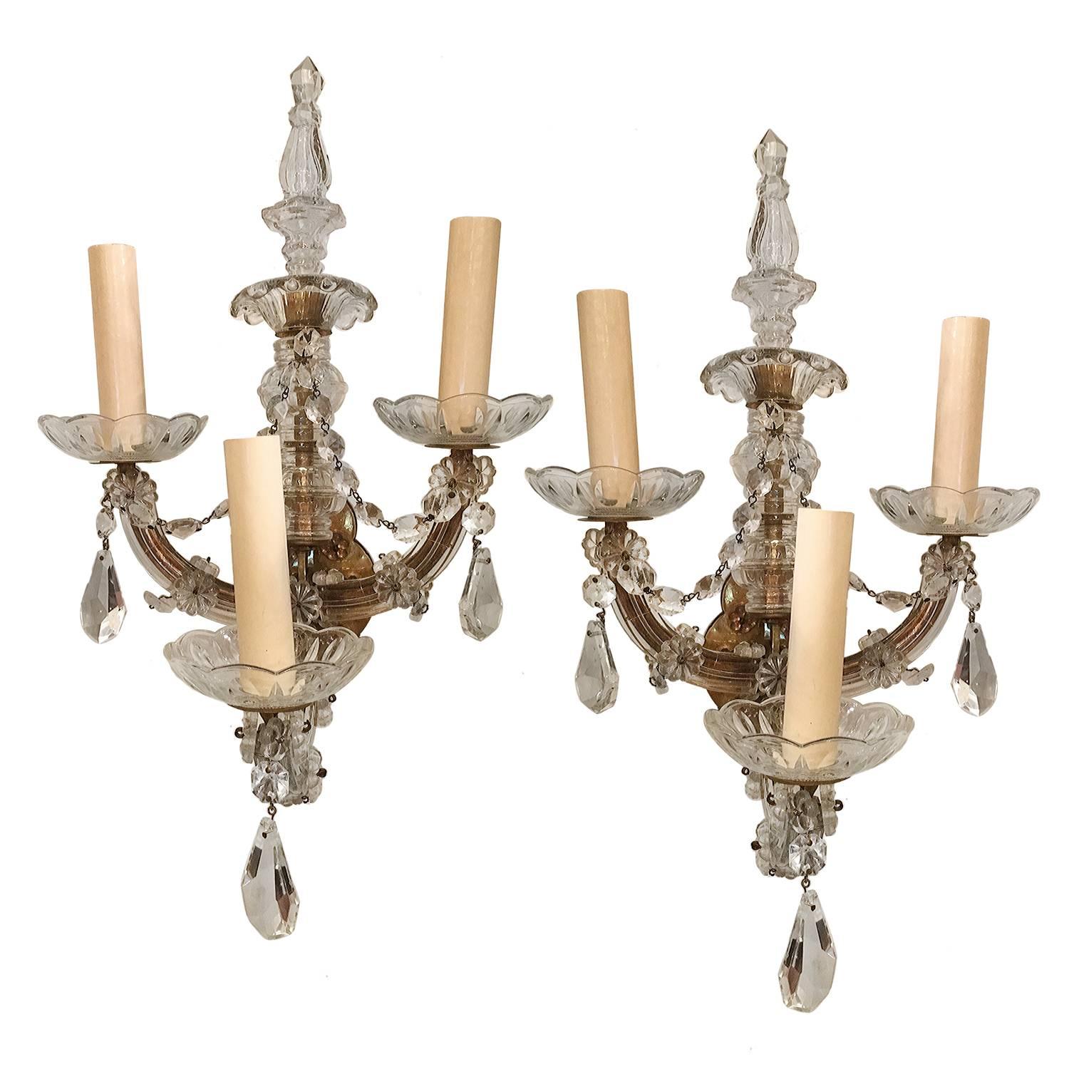 Pair of French Cut Crystal Sconces For Sale