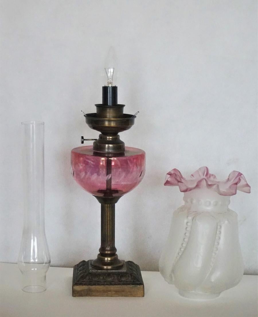 Pair of French Cut-Glass Font Oil Lamp Converted to Electric Etched Glass Shades 1