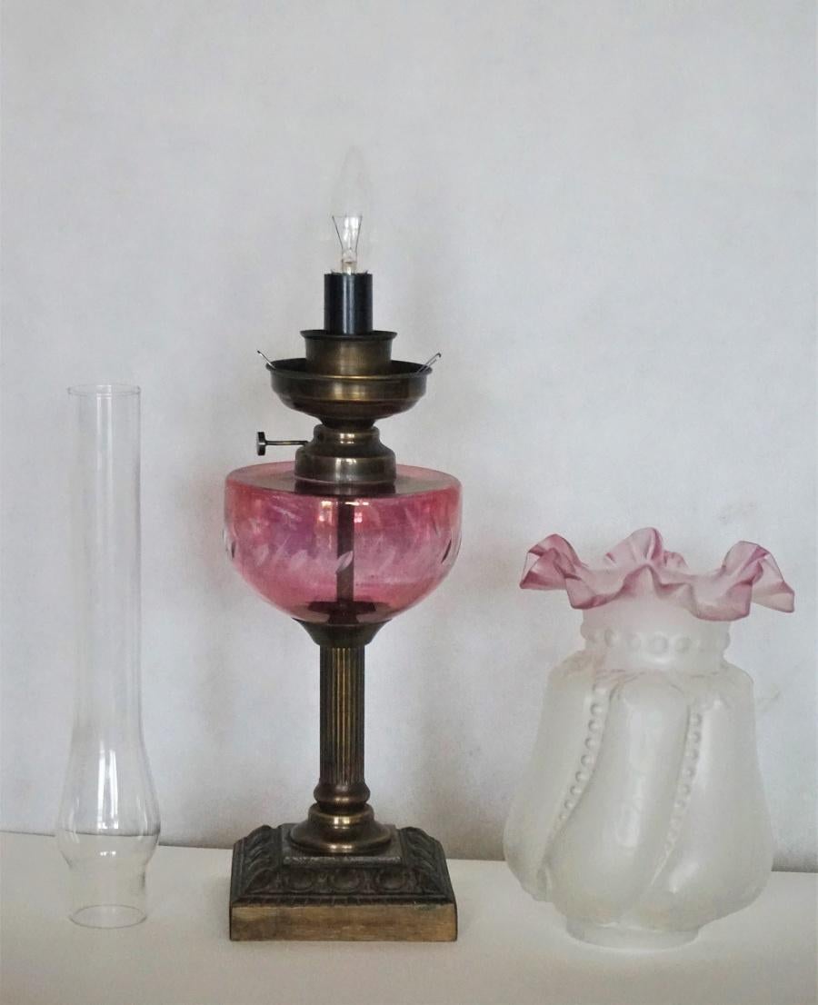 Pair of French Cut-Glass Font Oil Lamp Converted to Electric Etched Glass Shades 1
