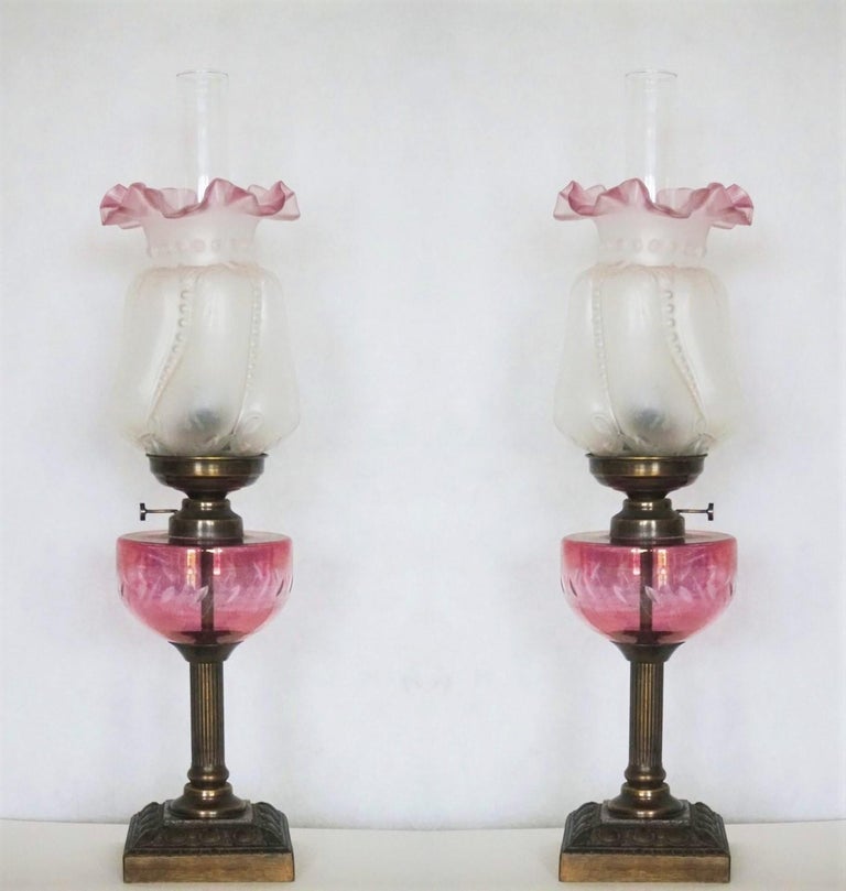 Pair of French Cut-Glass Font Oil Lamp Converted to Electric Etched Glass  Shades For Sale at 1stDibs