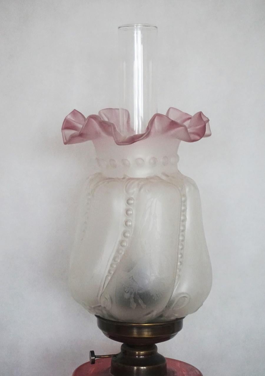Art Nouveau Pair of French Cut-Glass Font Oil Lamp Converted to Electric Etched Glass Shades