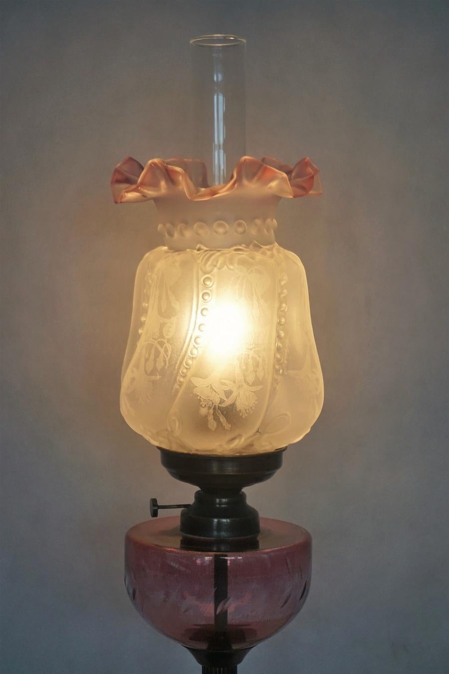 Pair of French Cut-Glass Font Oil Lamp Converted to Electric Etched Glass Shades In Good Condition In Frankfurt am Main, DE