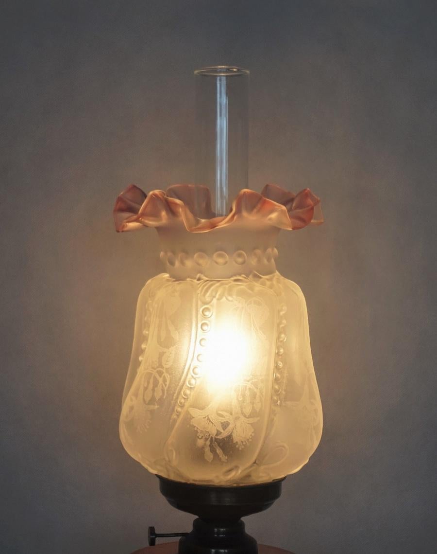 20th Century Pair of French Cut-Glass Font Oil Lamp Converted to Electric Etched Glass Shades