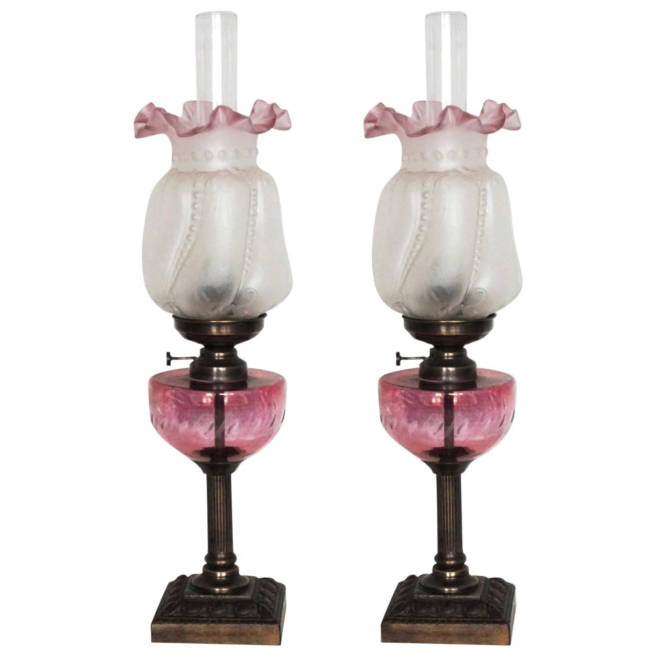 Pair of French Cut-Glass Font Oil Lamp Converted to Electric Etched Glass Shades