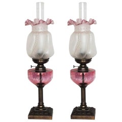 Antique Pair of French Cut-Glass Font Oil Lamp Converted to Electric Etched Glass Shades