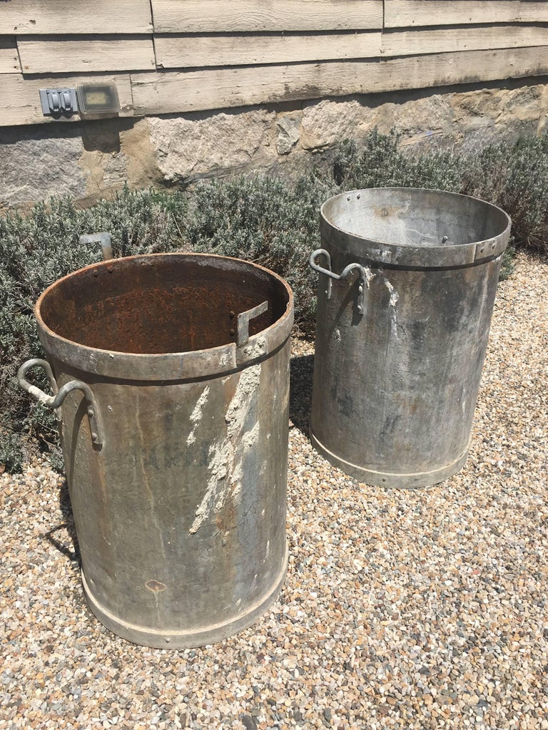 Pair of French Cylindrical Galvanized Zinc/Steel Planters with Handles ...