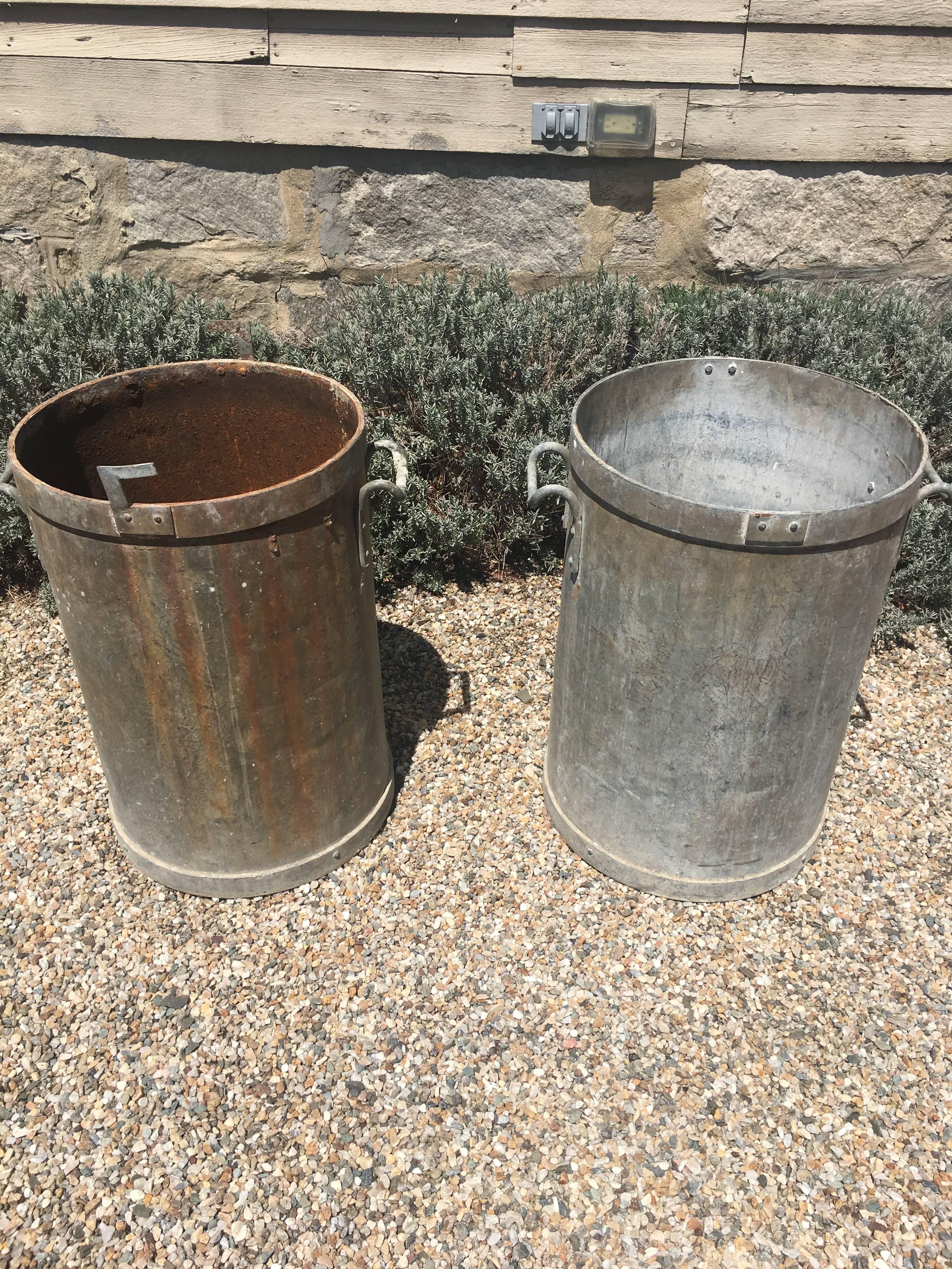 Industrial Pair of French Cylindrical Galvanized Zinc/Steel Planters with Handles