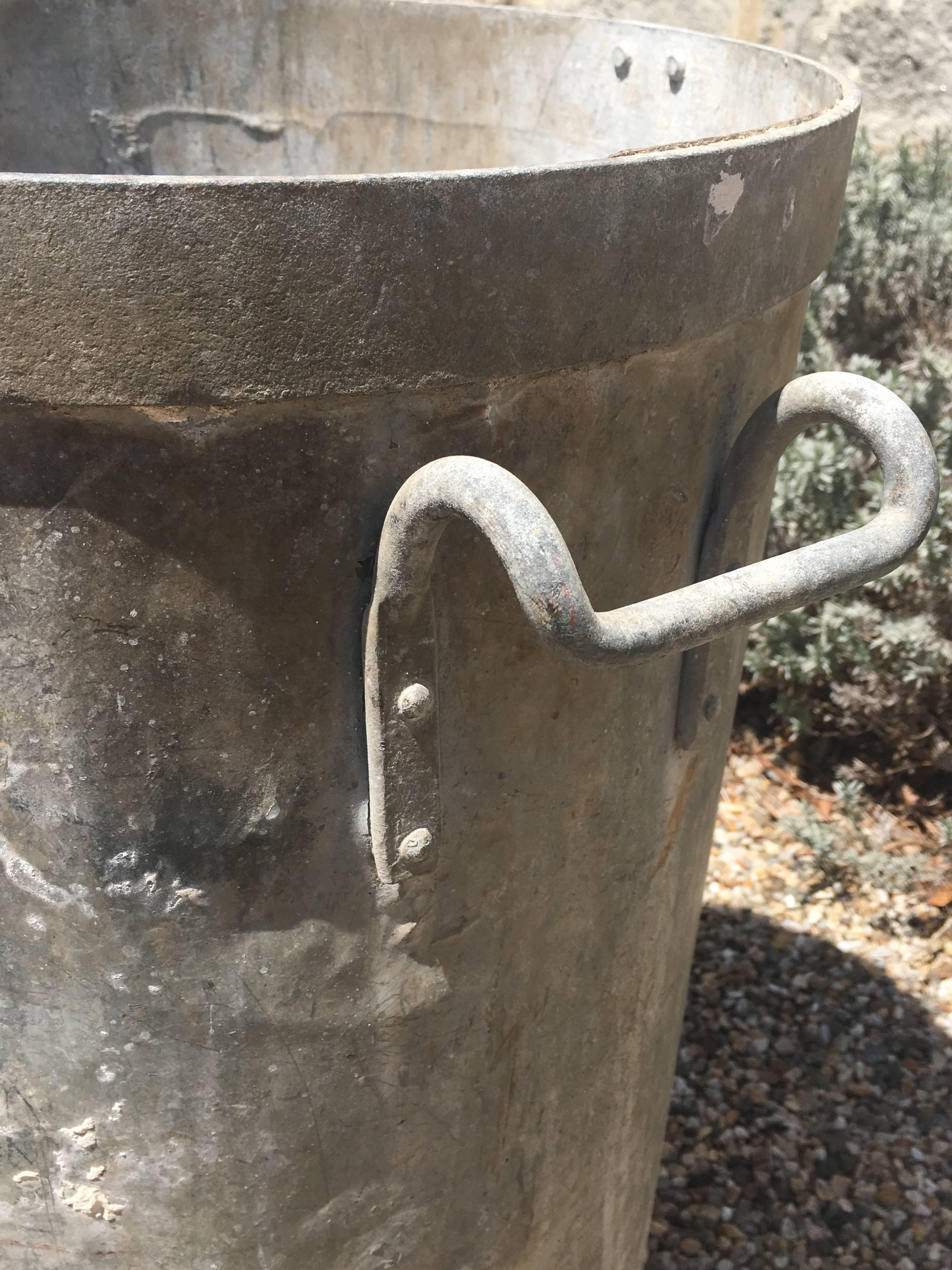 Pair of French Cylindrical Galvanized Zinc/Steel Planters with Handles In Good Condition In Woodbury, CT