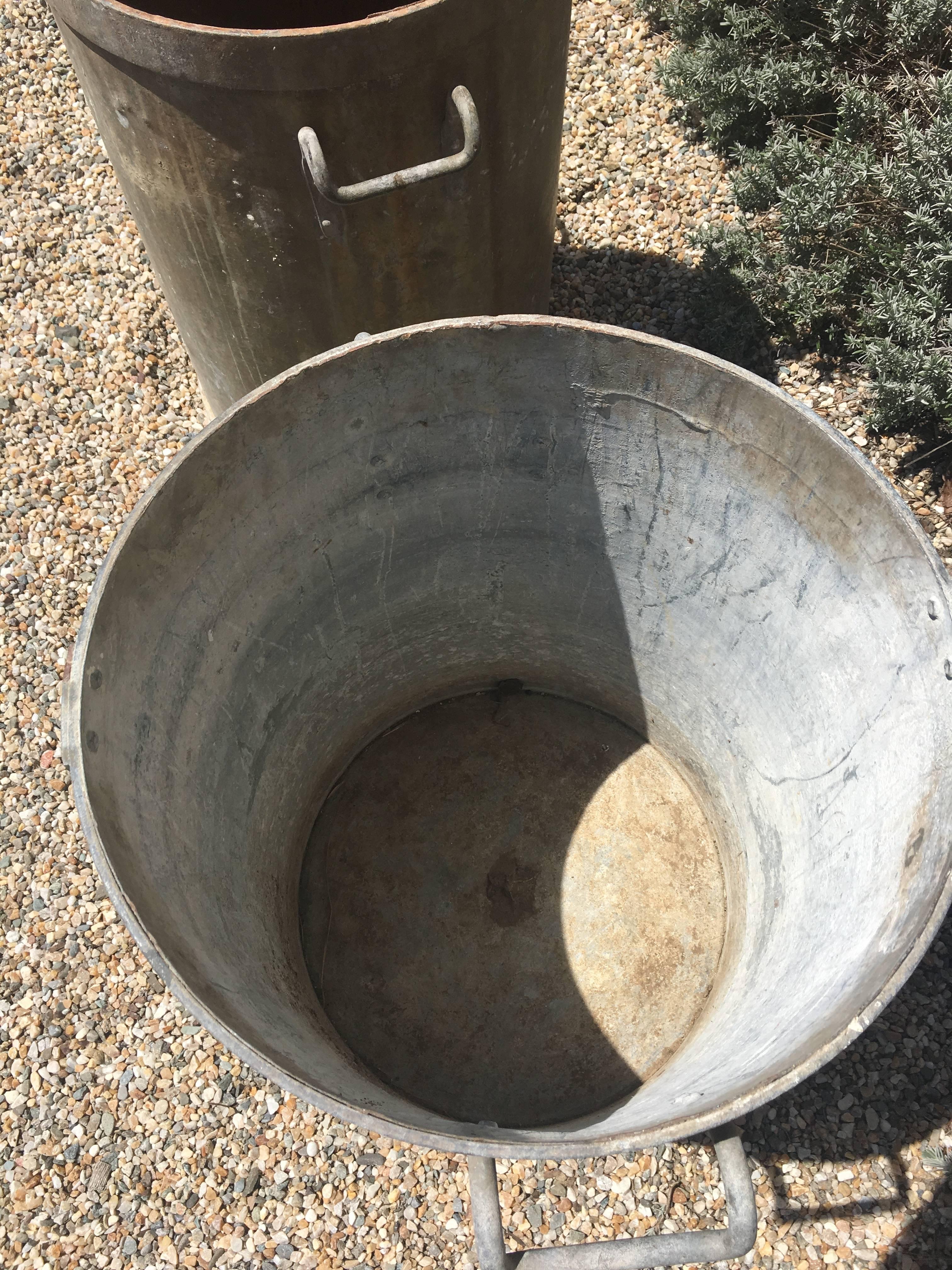 20th Century Pair of French Cylindrical Galvanized Zinc/Steel Planters with Handles