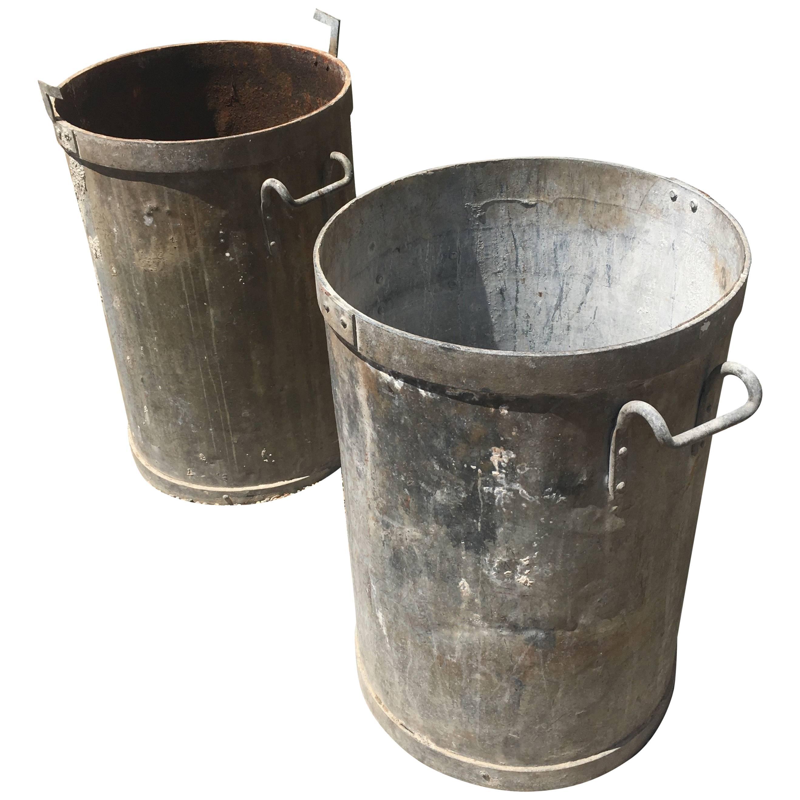 Pair of French Cylindrical Galvanized Zinc/Steel Planters with Handles