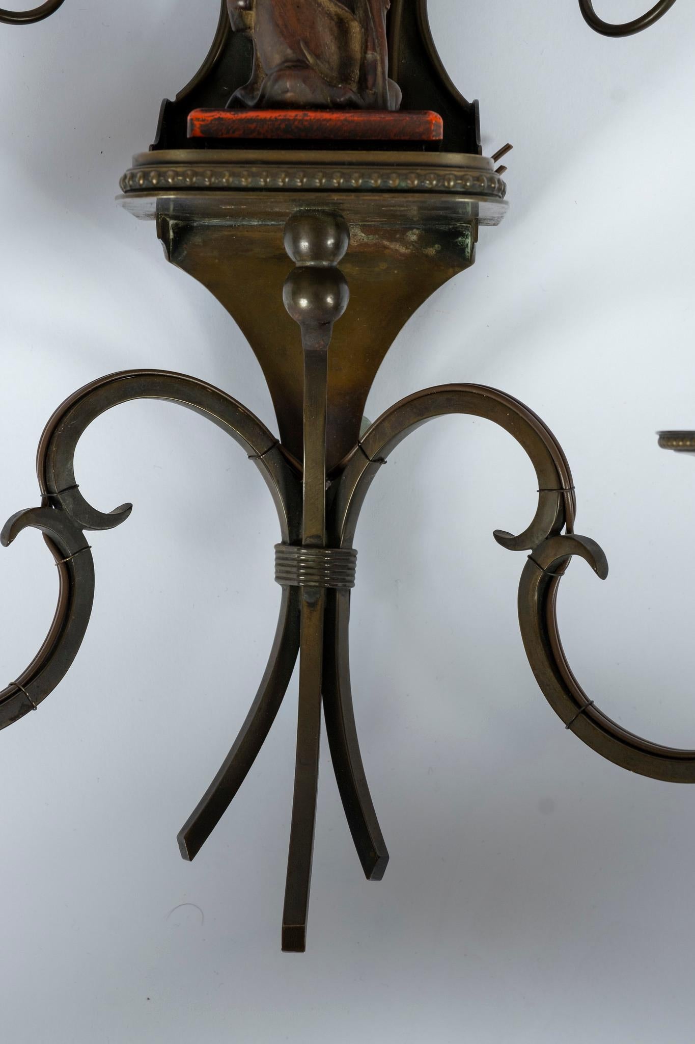 Mid-20th Century Pair of French Deco Bronze Wood Chinoiserie Sconces For Sale