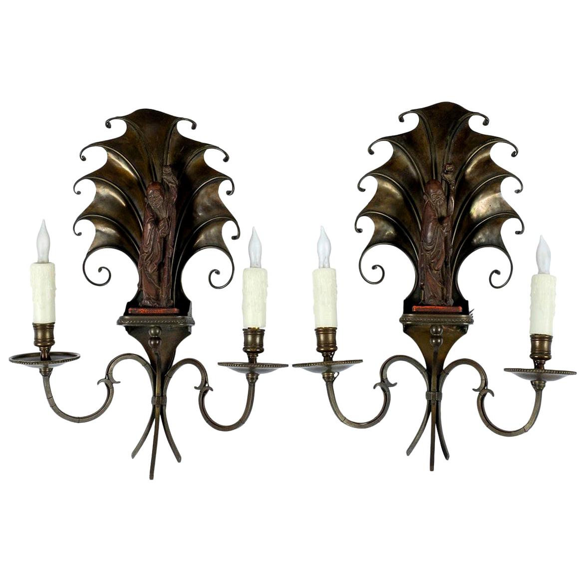 Pair of French Deco Bronze Wood Chinoiserie Sconces