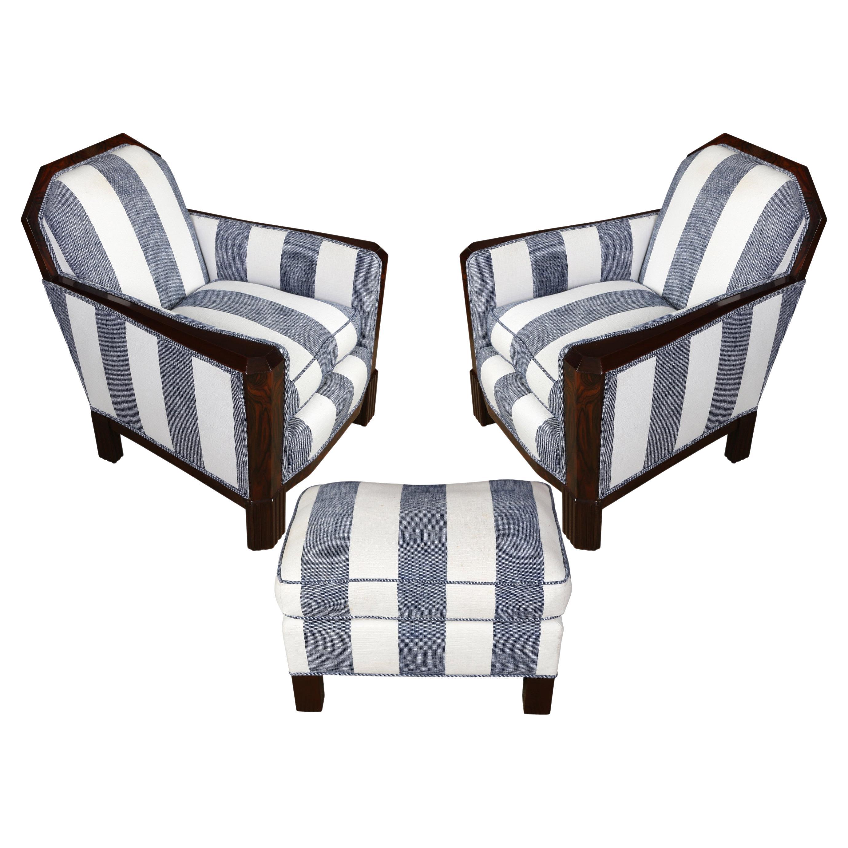 Pair of French Deco Chairs and Ottoman Set in Nautical Stripe