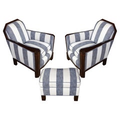 Vintage Pair of French Deco Chairs and Ottoman Set in Nautical Stripe