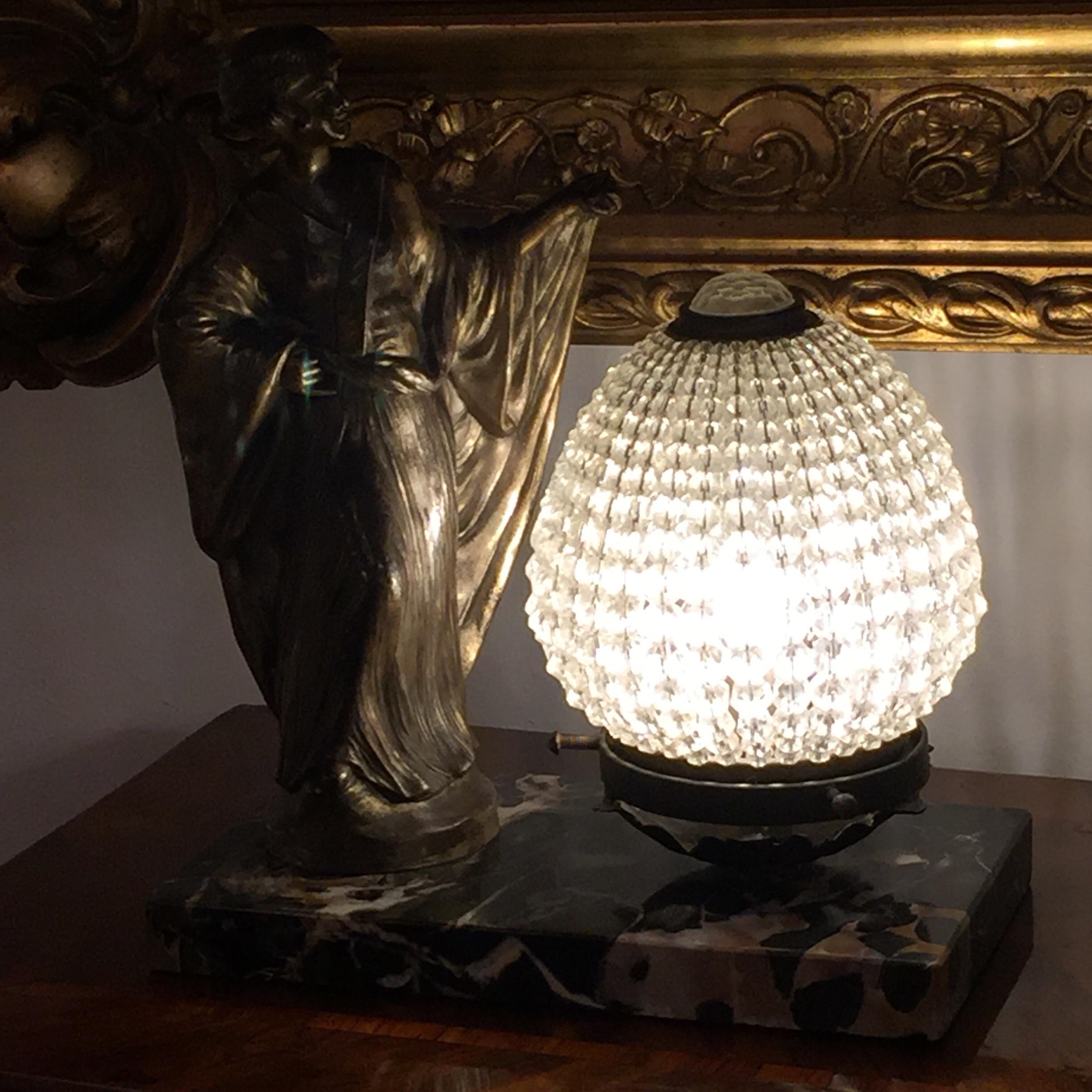 Pair of French Deco Figural Table Lamps on Marble Bases Beaded Crystal Shades 11