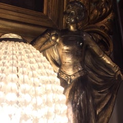 Pair of French Deco Figural Table Lamps on Marble Bases Beaded Crystal Shades