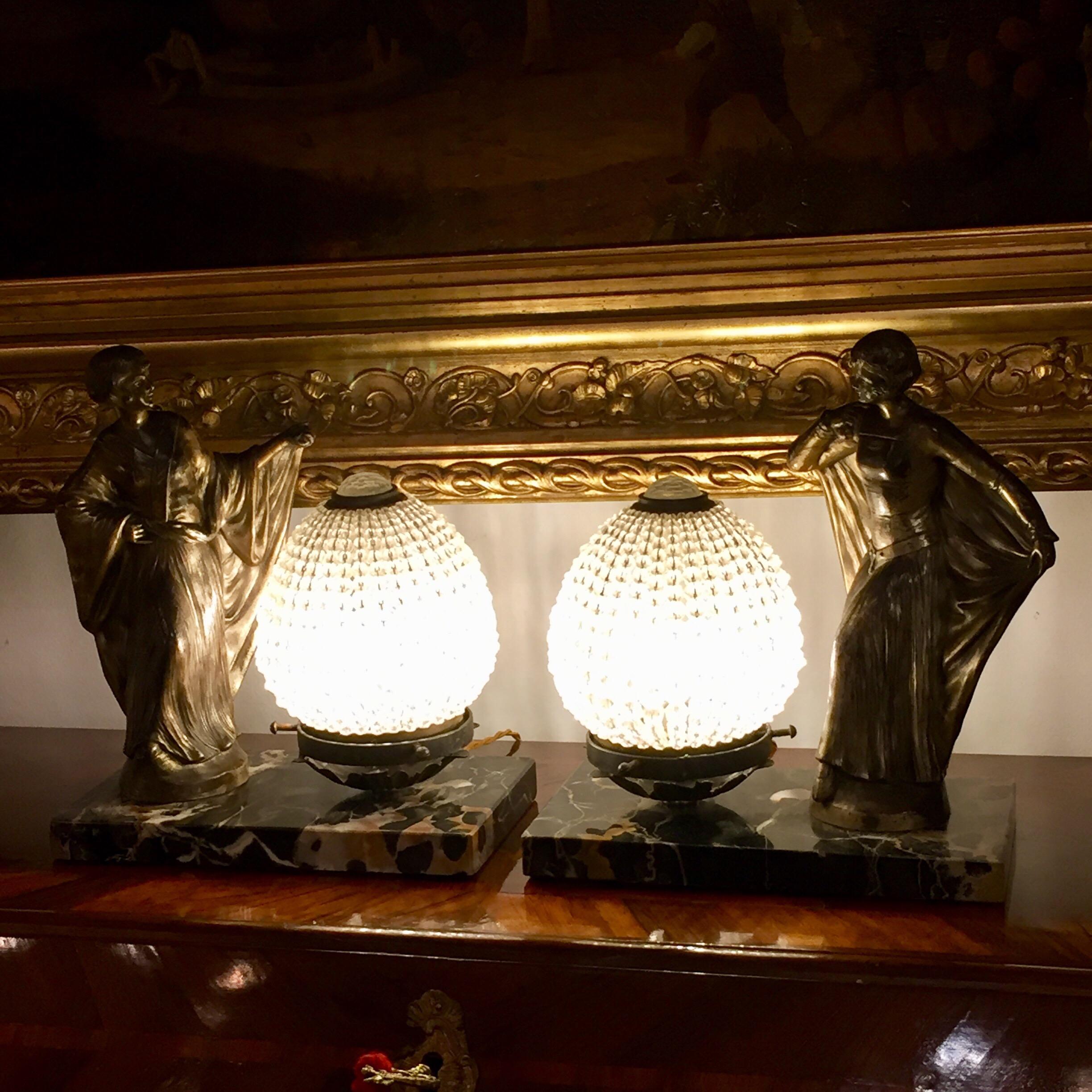 Art Deco Pair of French Deco Figural Table Lamps on Marble Bases Beaded Crystal Shades