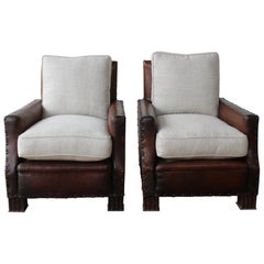 Pair of French Deco Leather Club Chairs, 1930s