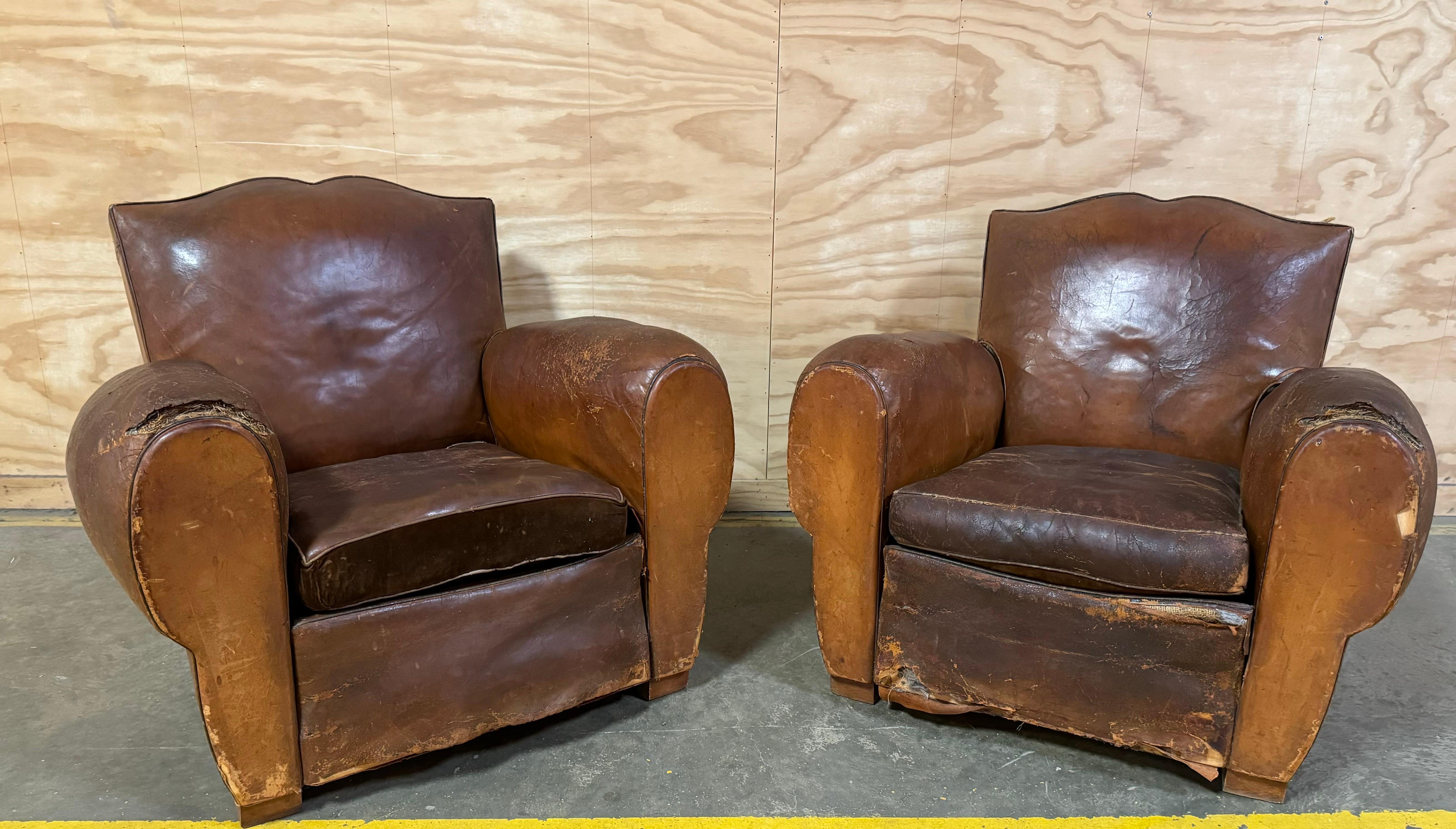 Art Deco Pair of French Deco Leather Club Chairs ~ Circa 1930