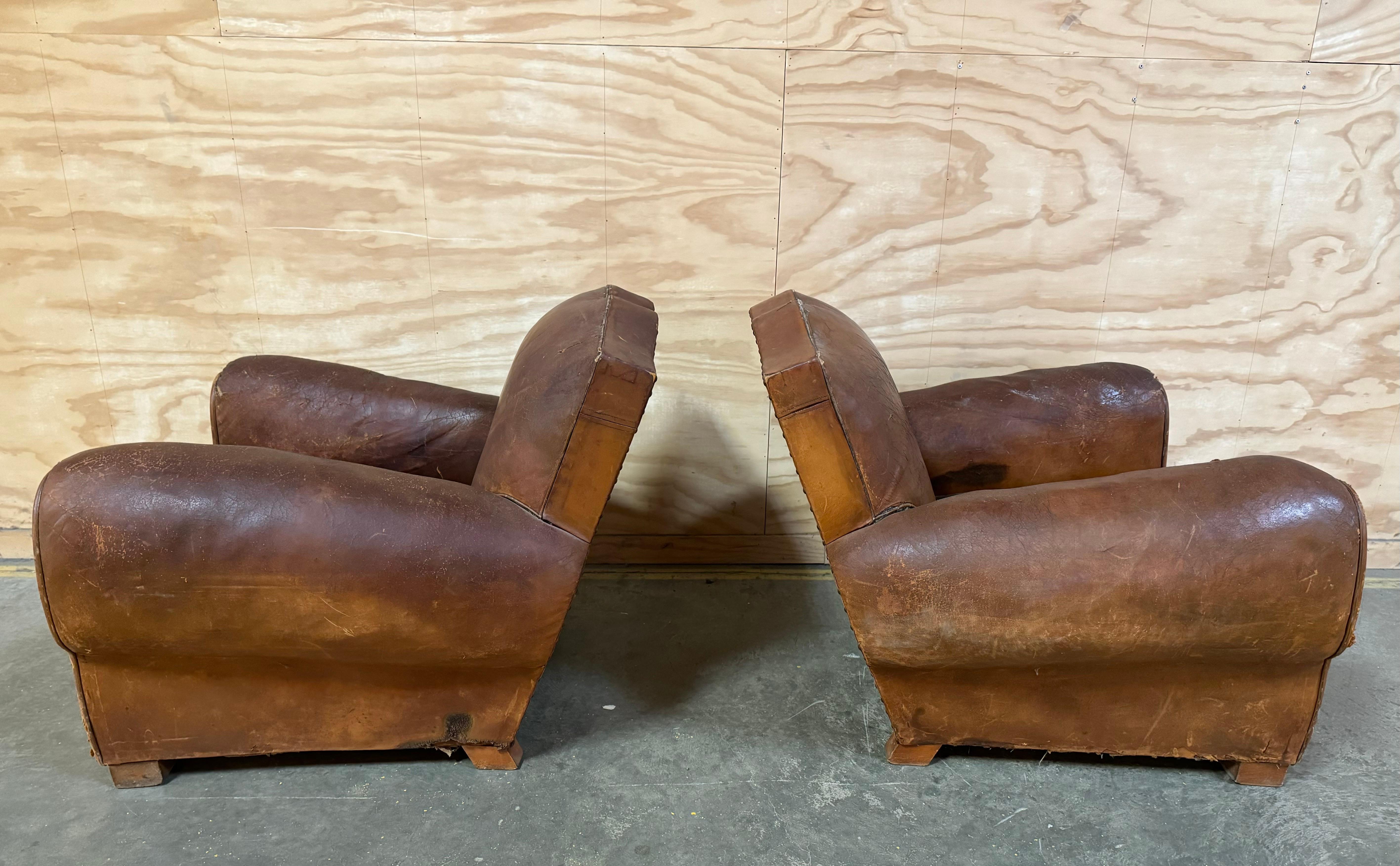Pair of French Deco Leather Club Chairs ~ Circa 1930 In Fair Condition In New York, NY