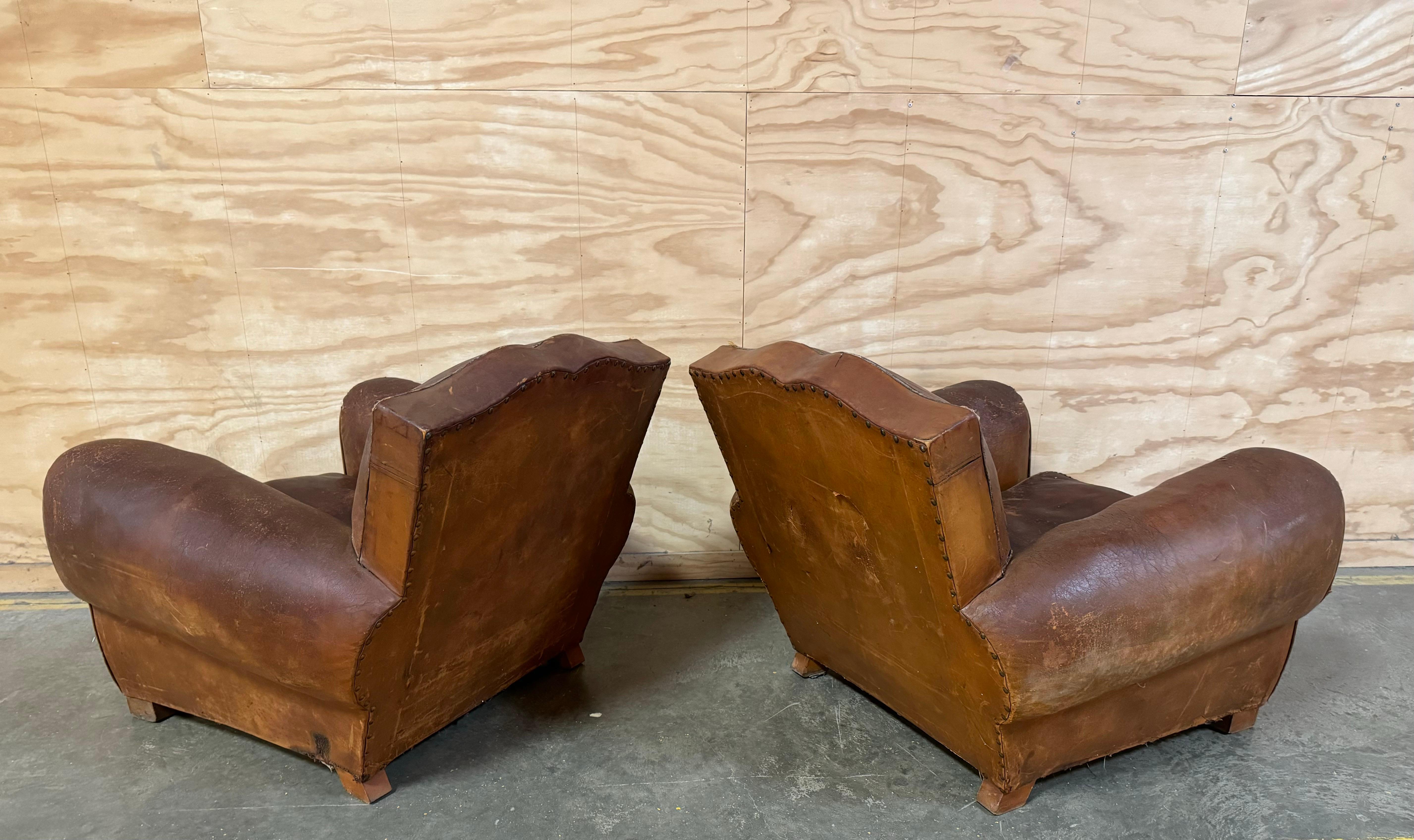 Mid-20th Century Pair of French Deco Leather Club Chairs ~ Circa 1930