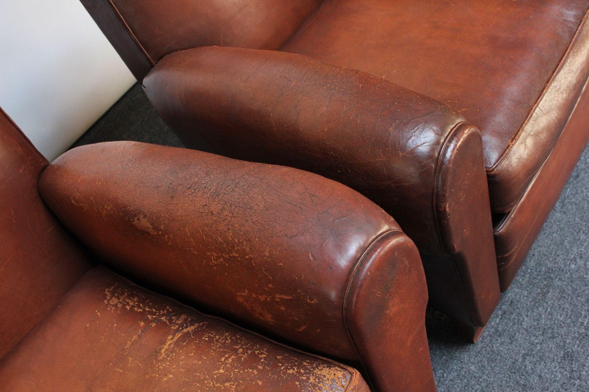 Pair of French Deco Leather 'Mustache' Club Chairs 2