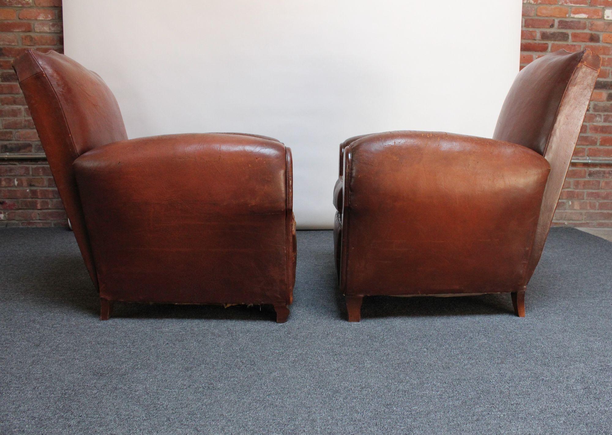 Art Deco Pair of French Deco Leather 'Mustache' Club Chairs