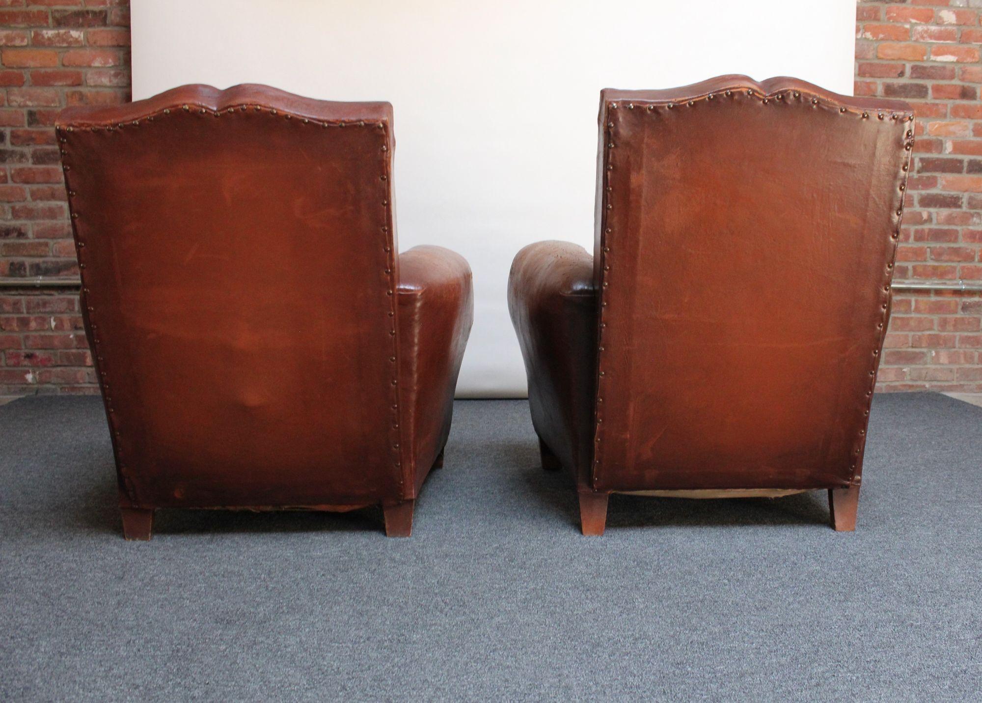 Mid-20th Century Pair of French Deco Leather 'Mustache' Club Chairs
