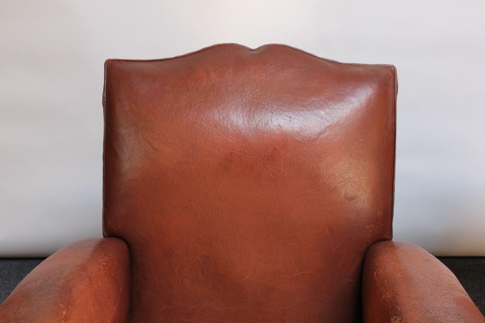 Mid-20th Century Pair of French Deco Leather 'Mustache' Club Chairs