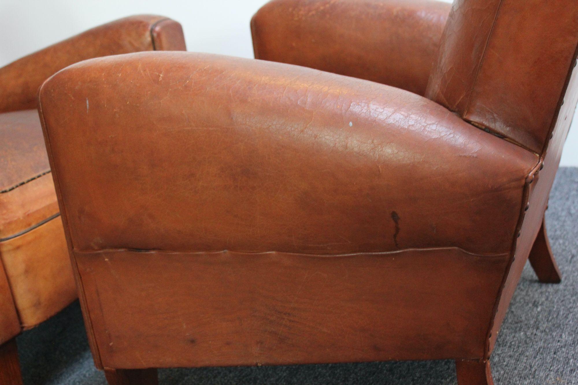 Pair of French Deco Leather Squared-Back Club Chairs 7