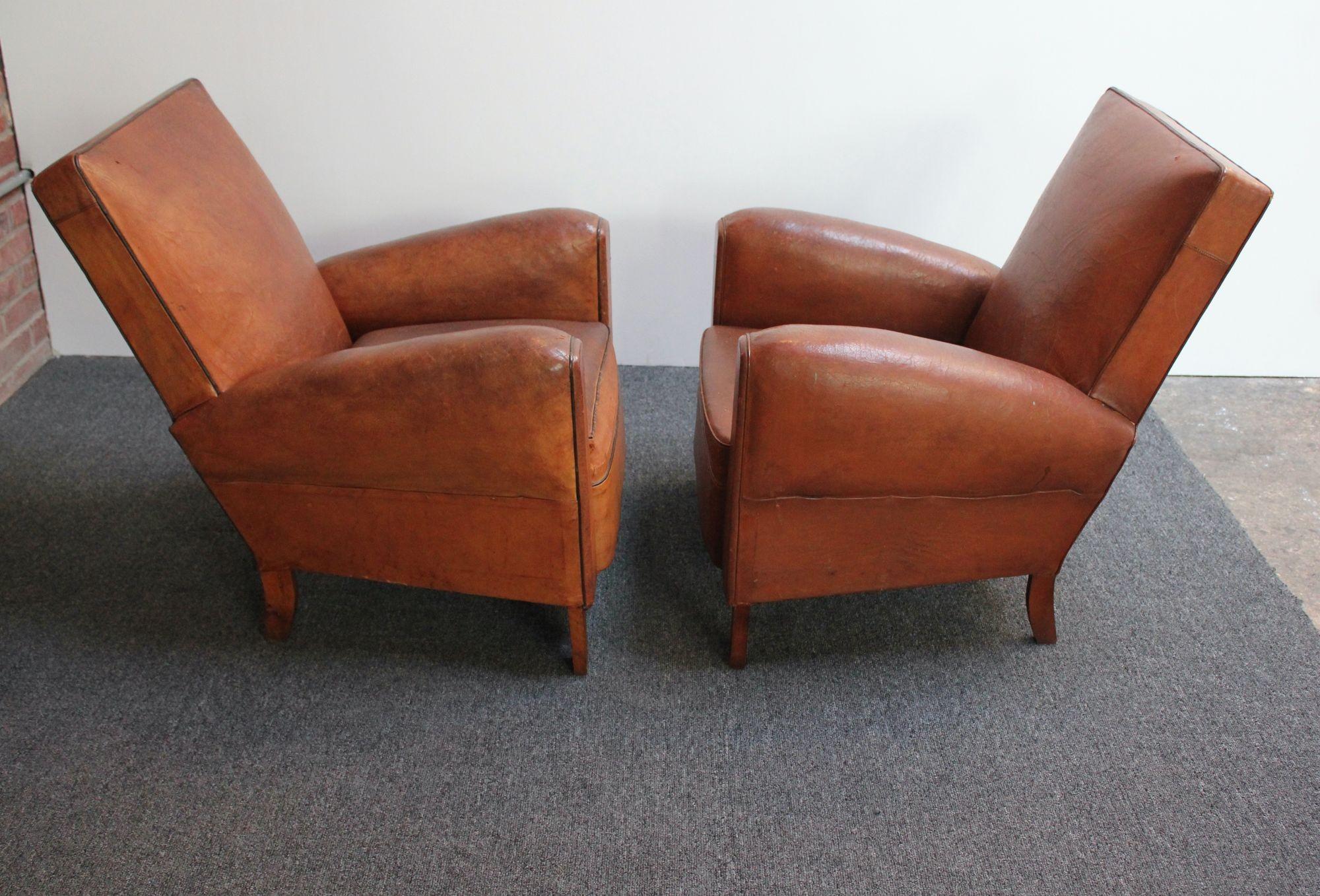 Art Deco Pair of French Deco Leather Squared-Back Club Chairs