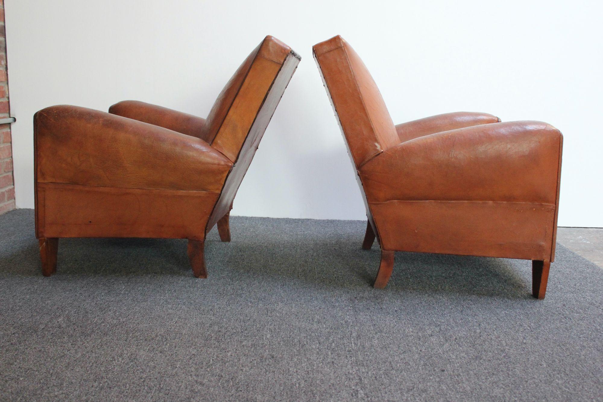 Pair of French Deco Leather Squared-Back Club Chairs In Good Condition In Brooklyn, NY