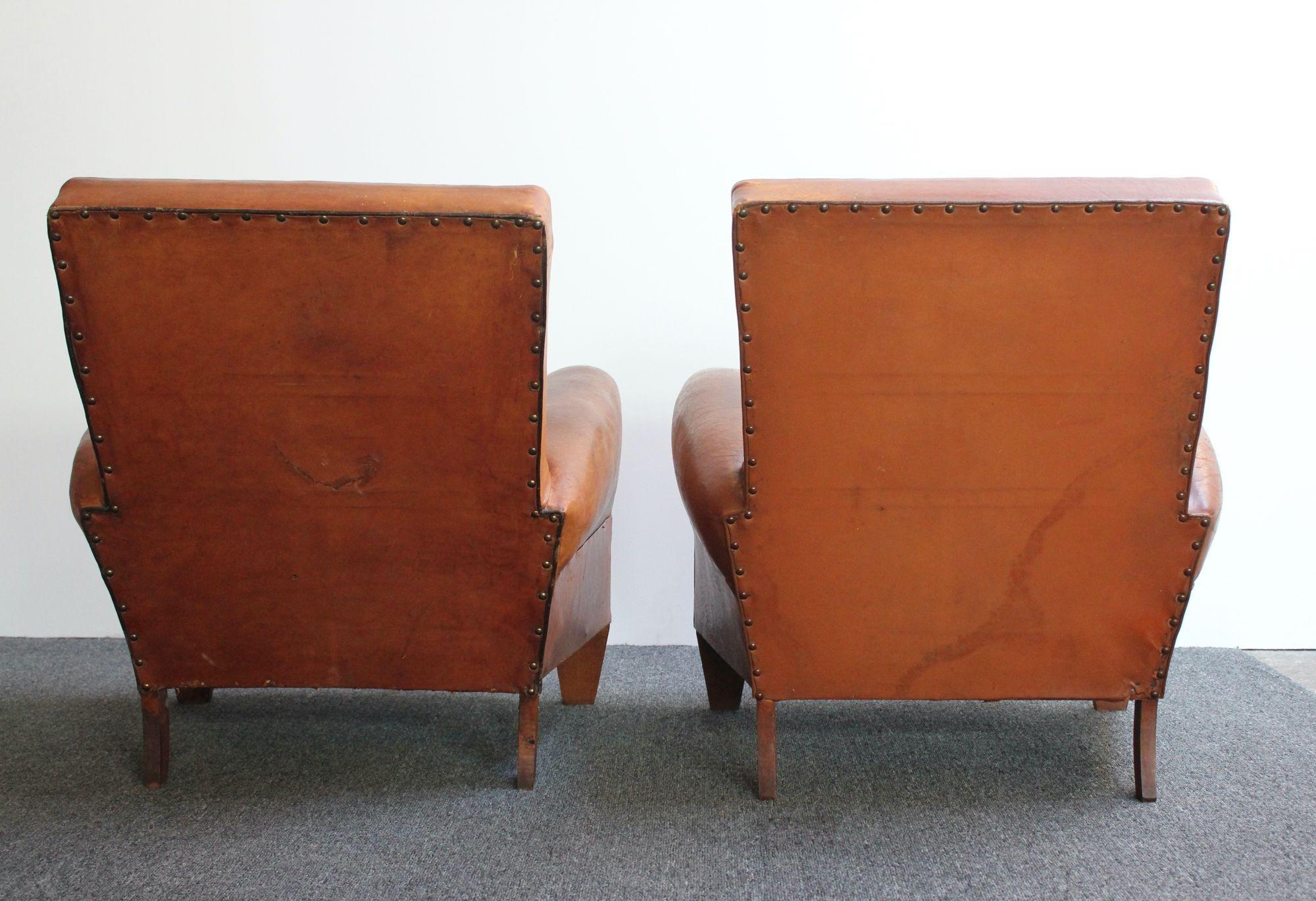 Mid-20th Century Pair of French Deco Leather Squared-Back Club Chairs