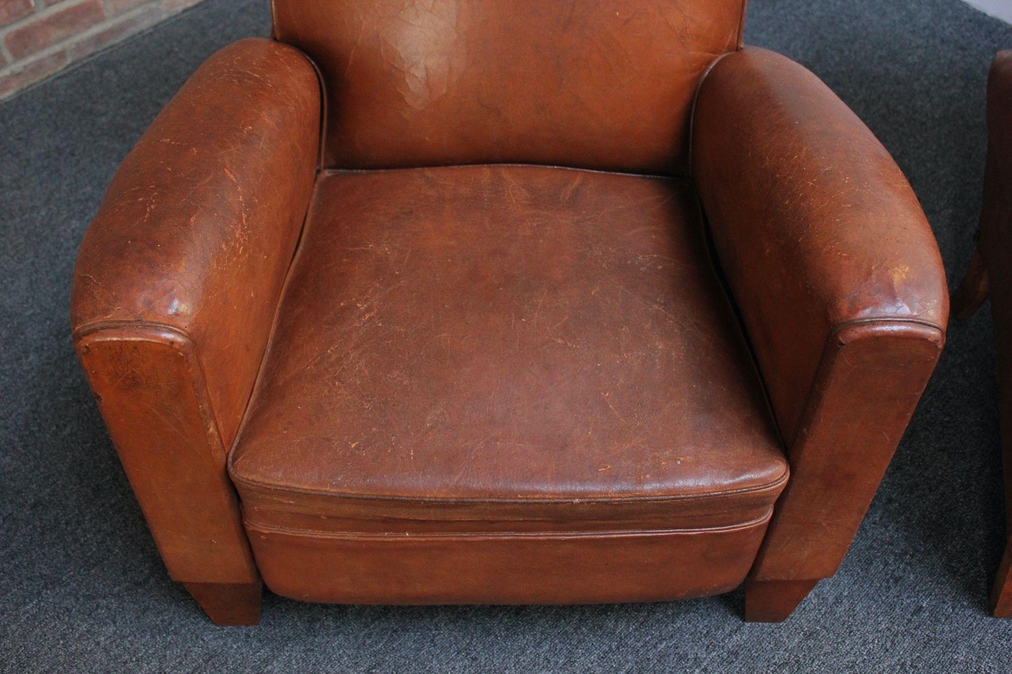 Metal Pair of French Deco Leather Squared-Back Club Chairs