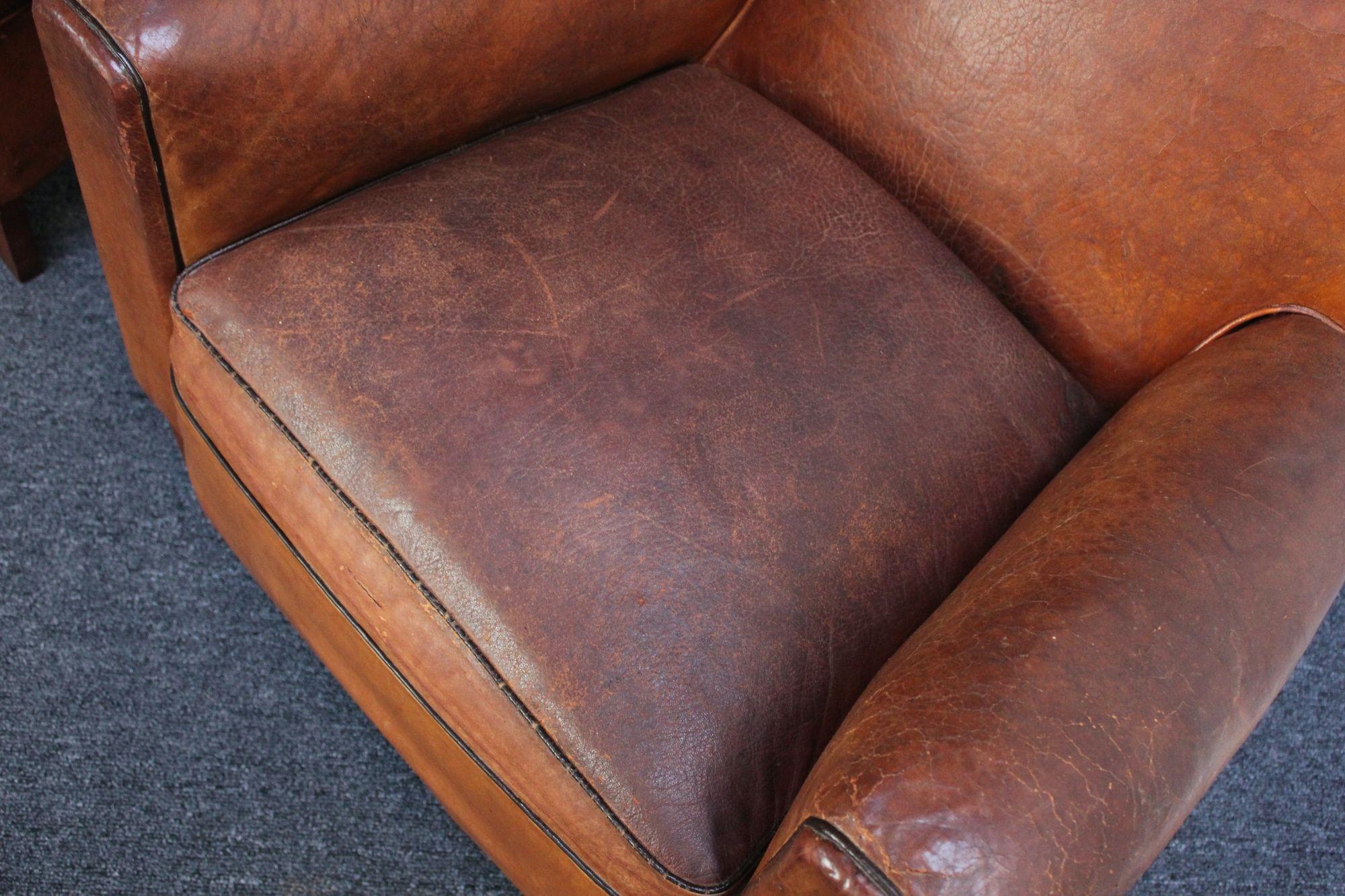 Pair of French Deco Leather Squared-Back Club Chairs 14
