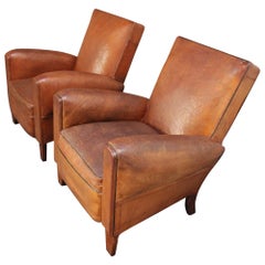 Pair of French Deco Leather Squared-Back Club Chairs