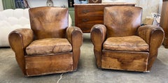 Pair of French Deco Period Leather Club Chairs with Great Patina