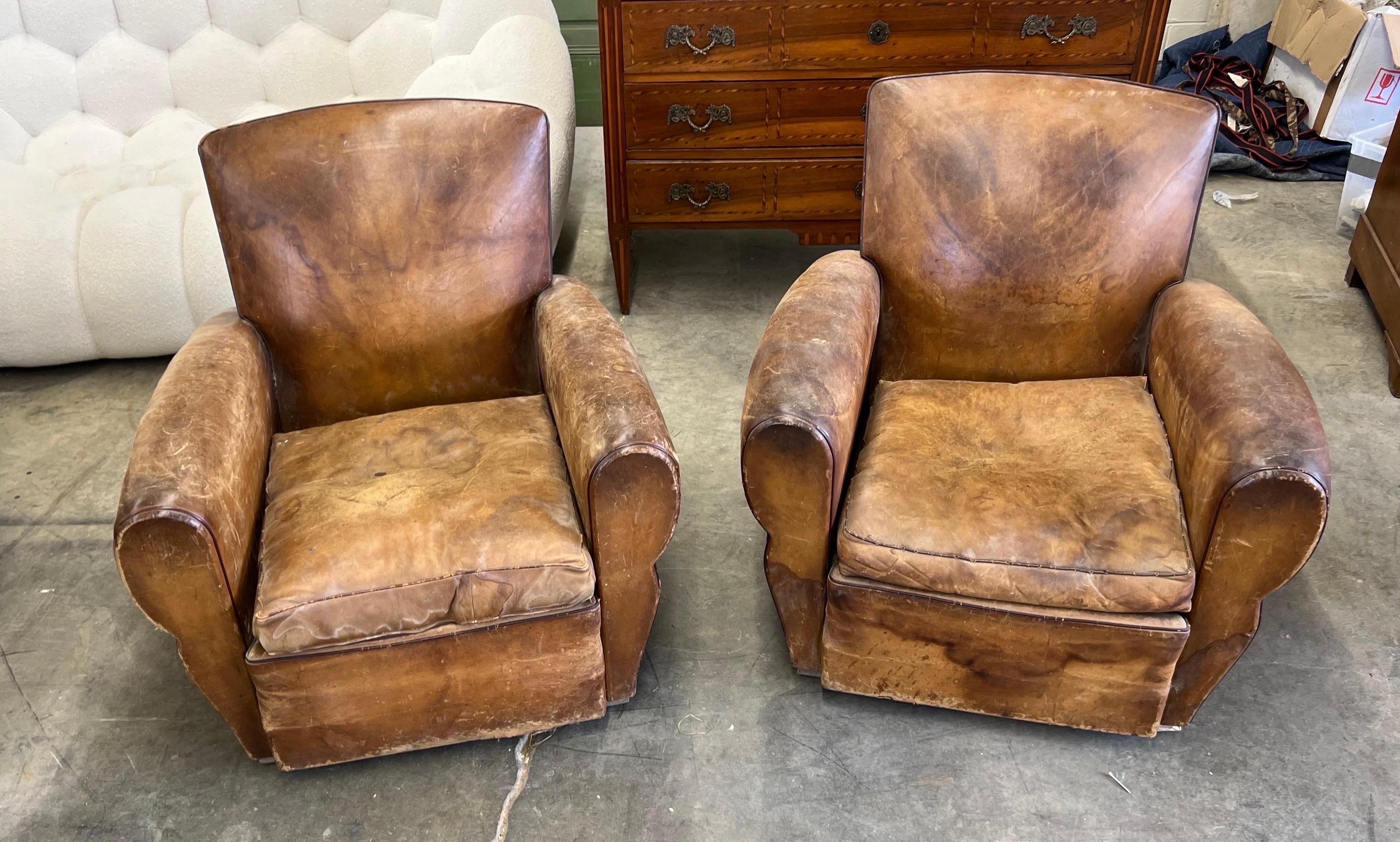 Art Deco Pair of French Deco Period Leather Club Chairs with Great Patina For Sale
