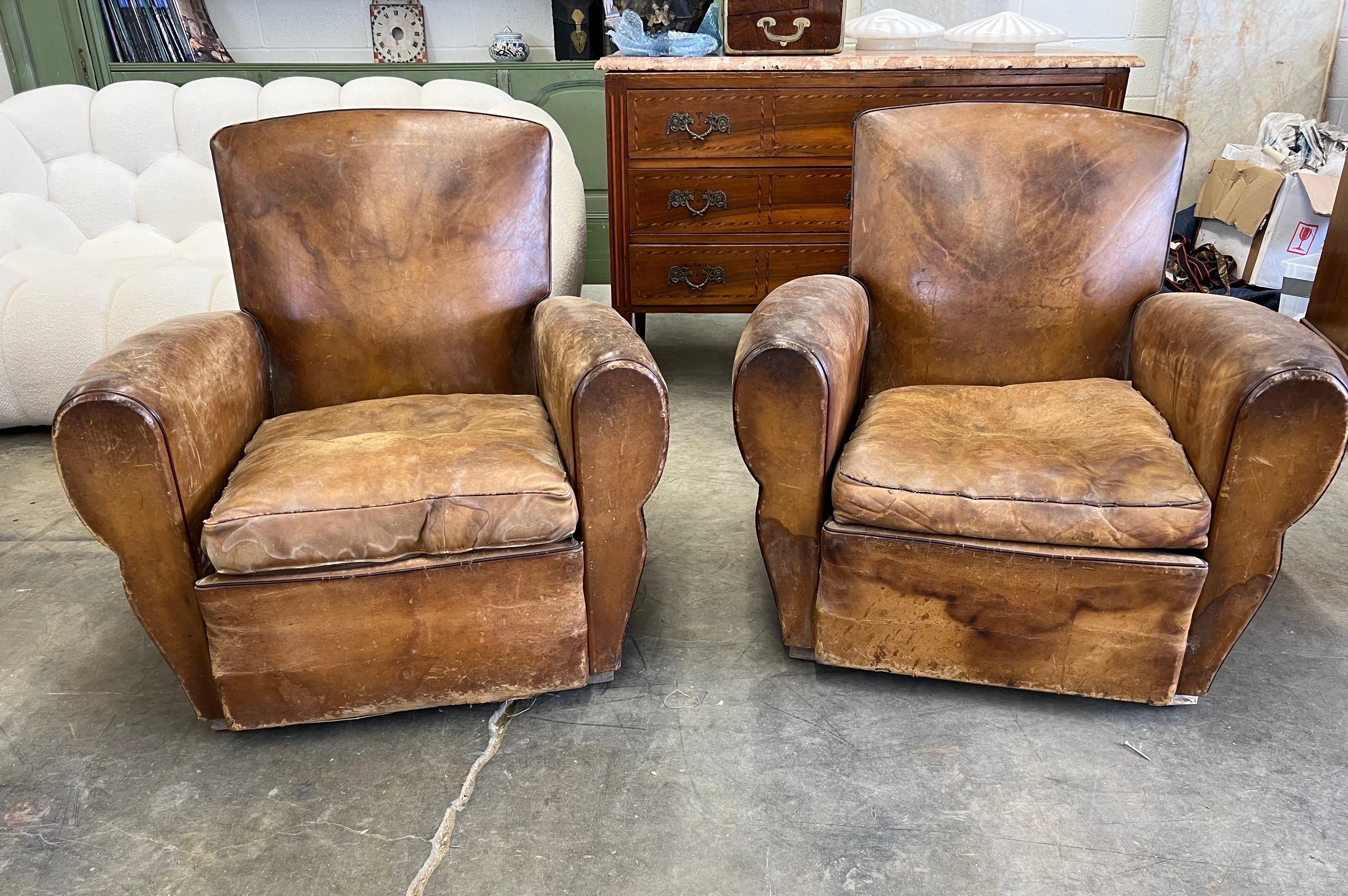 Pair of French Deco Period Leather Club Chairs with Great Patina In Good Condition For Sale In Charleston, SC