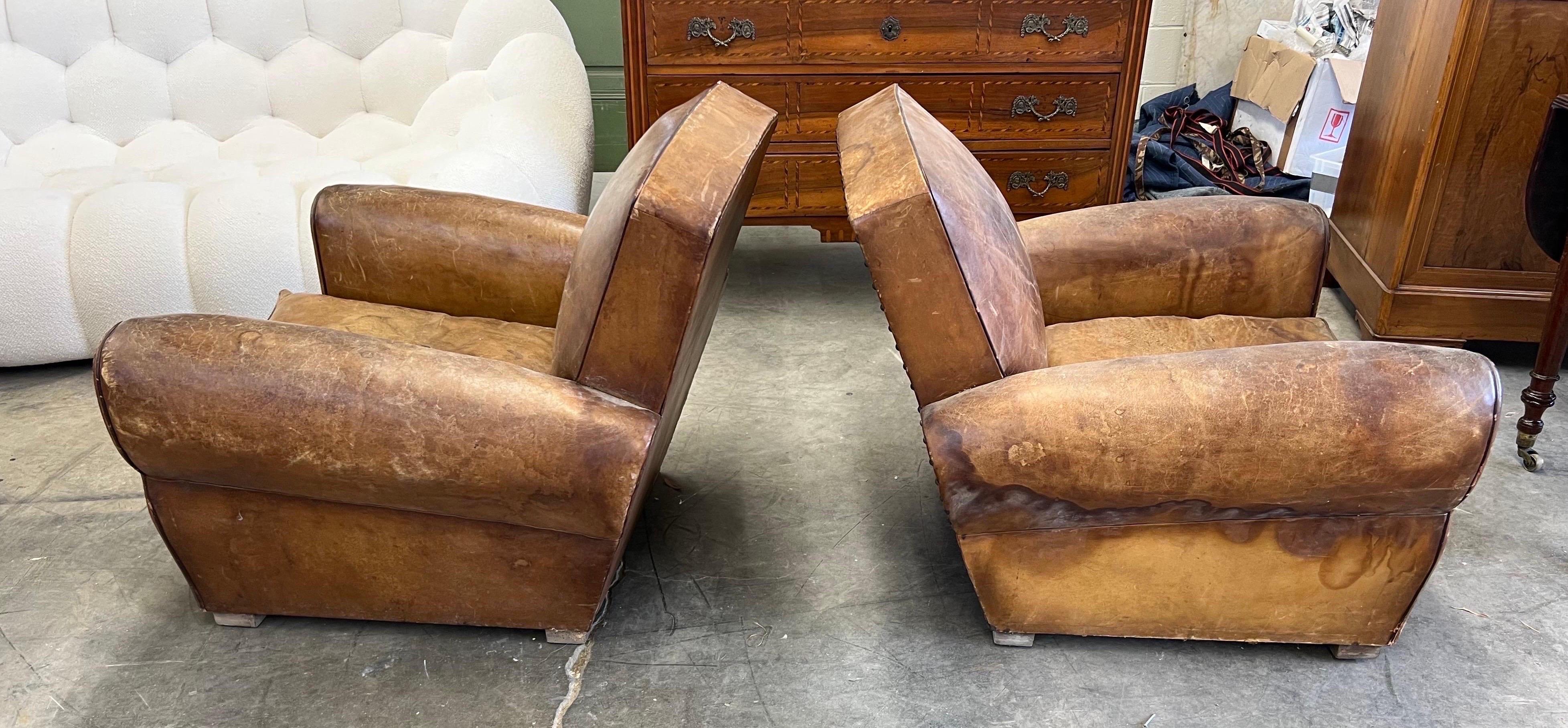 20th Century Pair of French Deco Period Leather Club Chairs with Great Patina For Sale