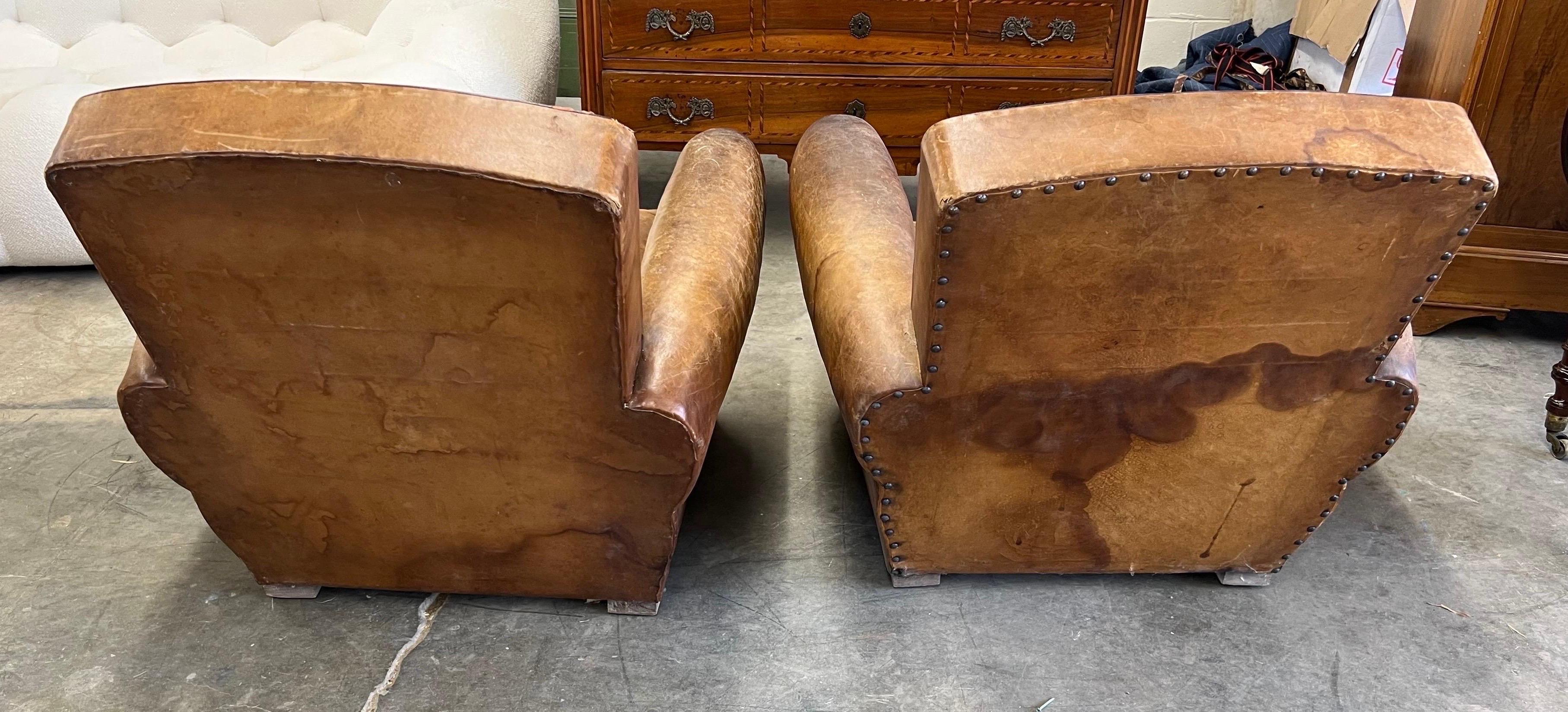 Pair of French Deco Period Leather Club Chairs with Great Patina For Sale 1