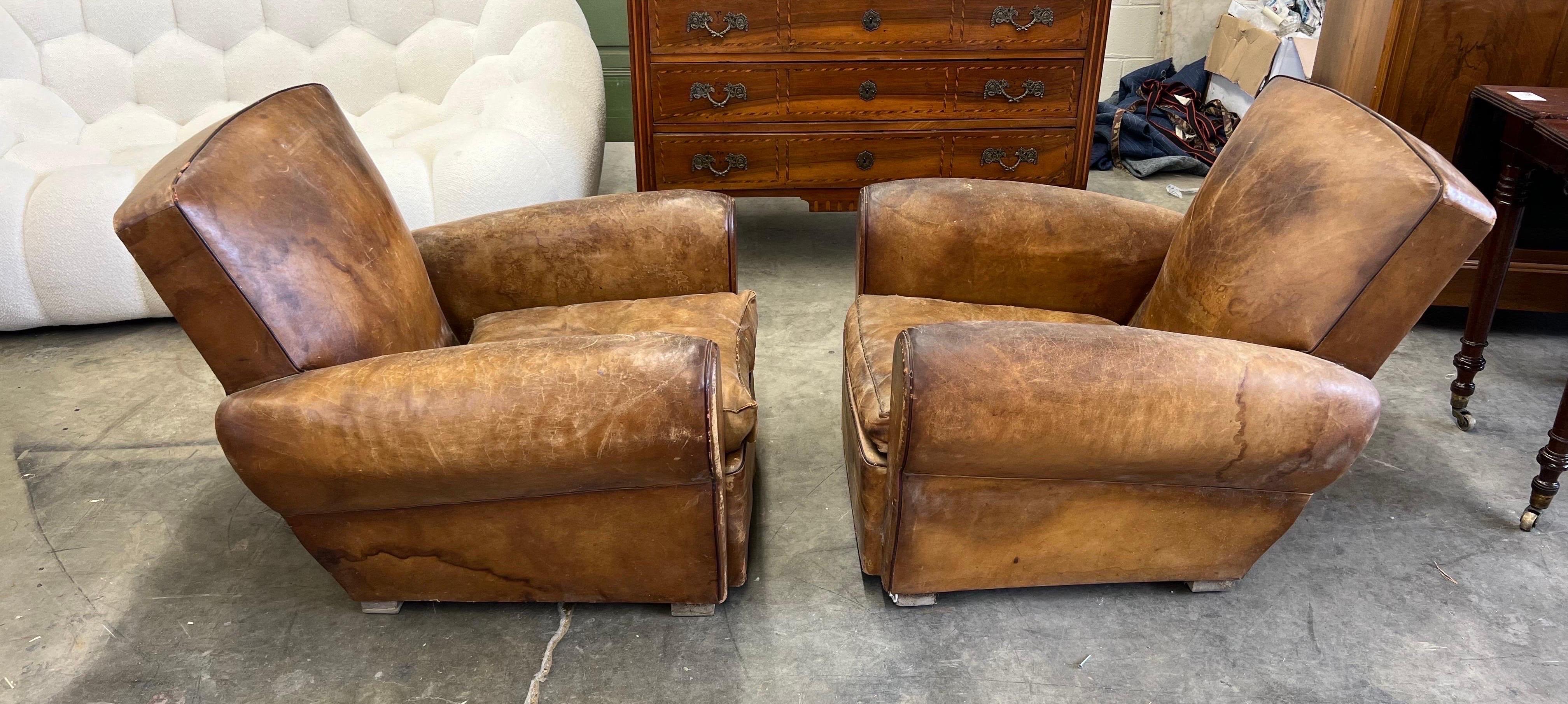 Pair of French Deco Period Leather Club Chairs with Great Patina For Sale 2