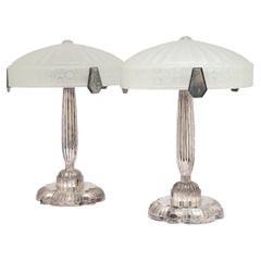 Pair of French Deco Reproduction Table Lamps with Frosted Glass Shades