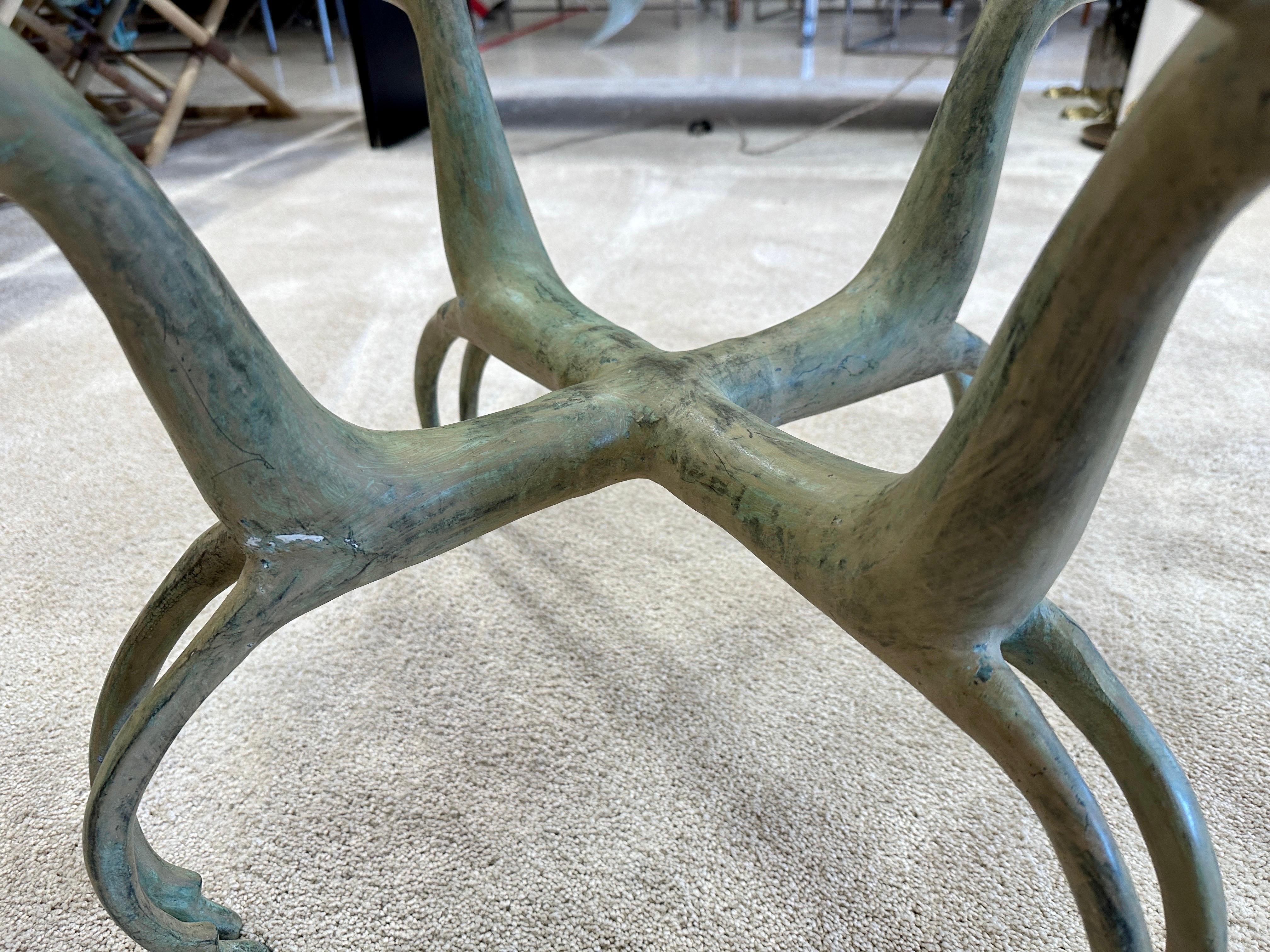 Patinated Pair of French Deco Revival Antelope Style Verdigris Bronze Side Tables