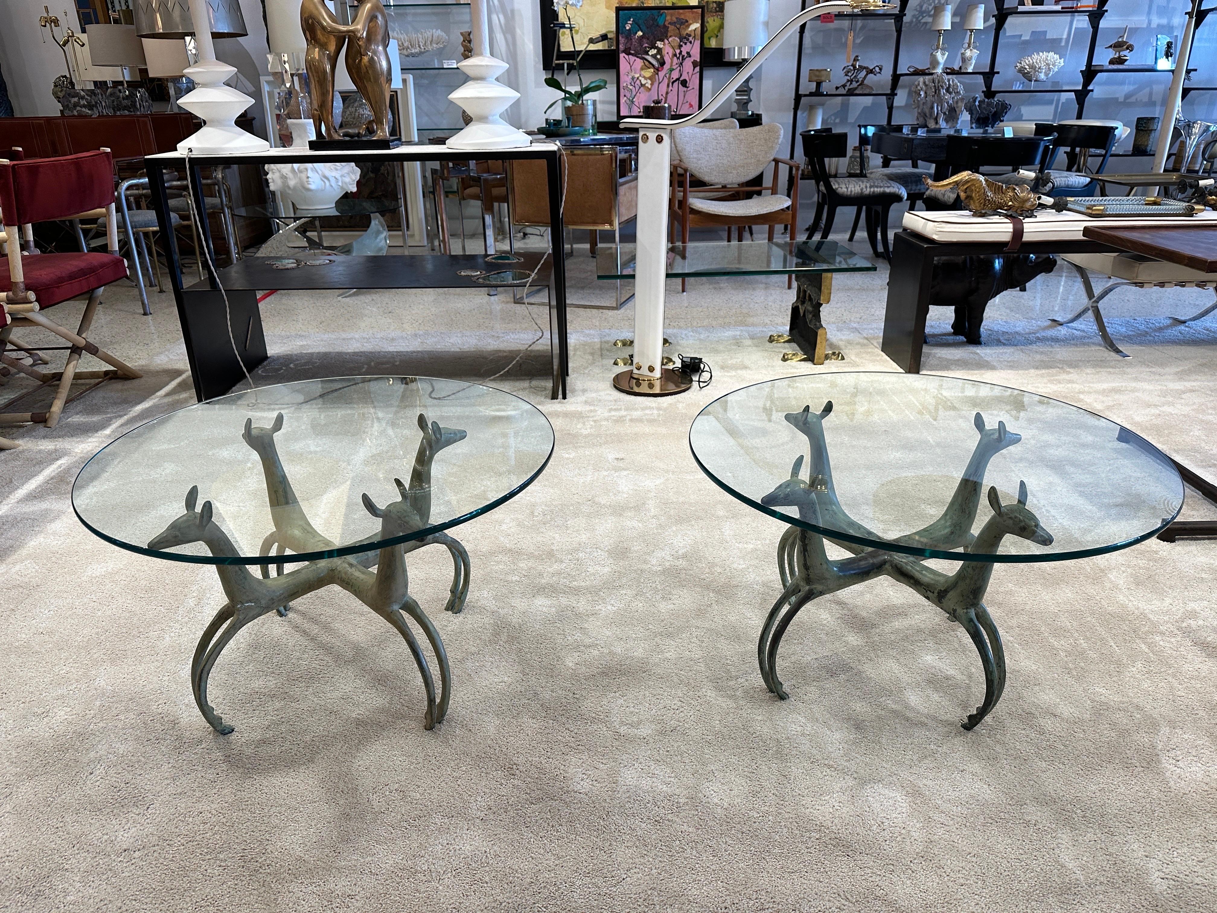 Late 20th Century Pair of French Deco Revival Antelope Style Verdigris Bronze Side Tables