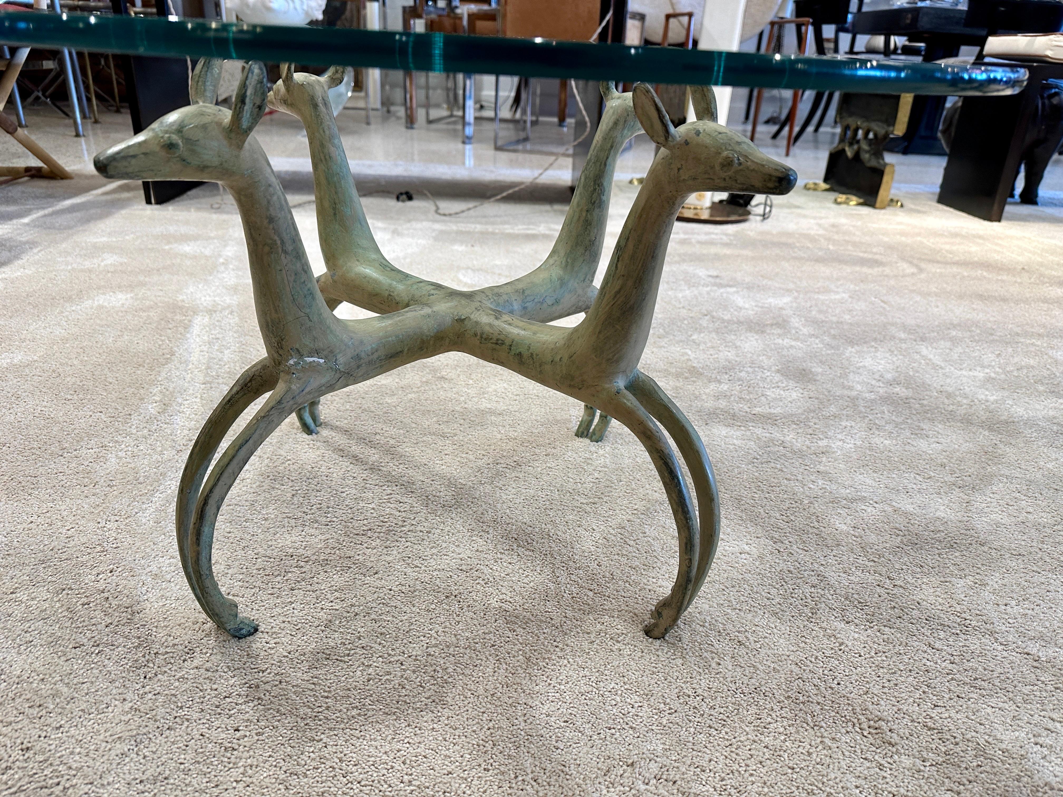 Pair of French Deco Revival Antelope Style Verdigris Bronze Side Tables 1