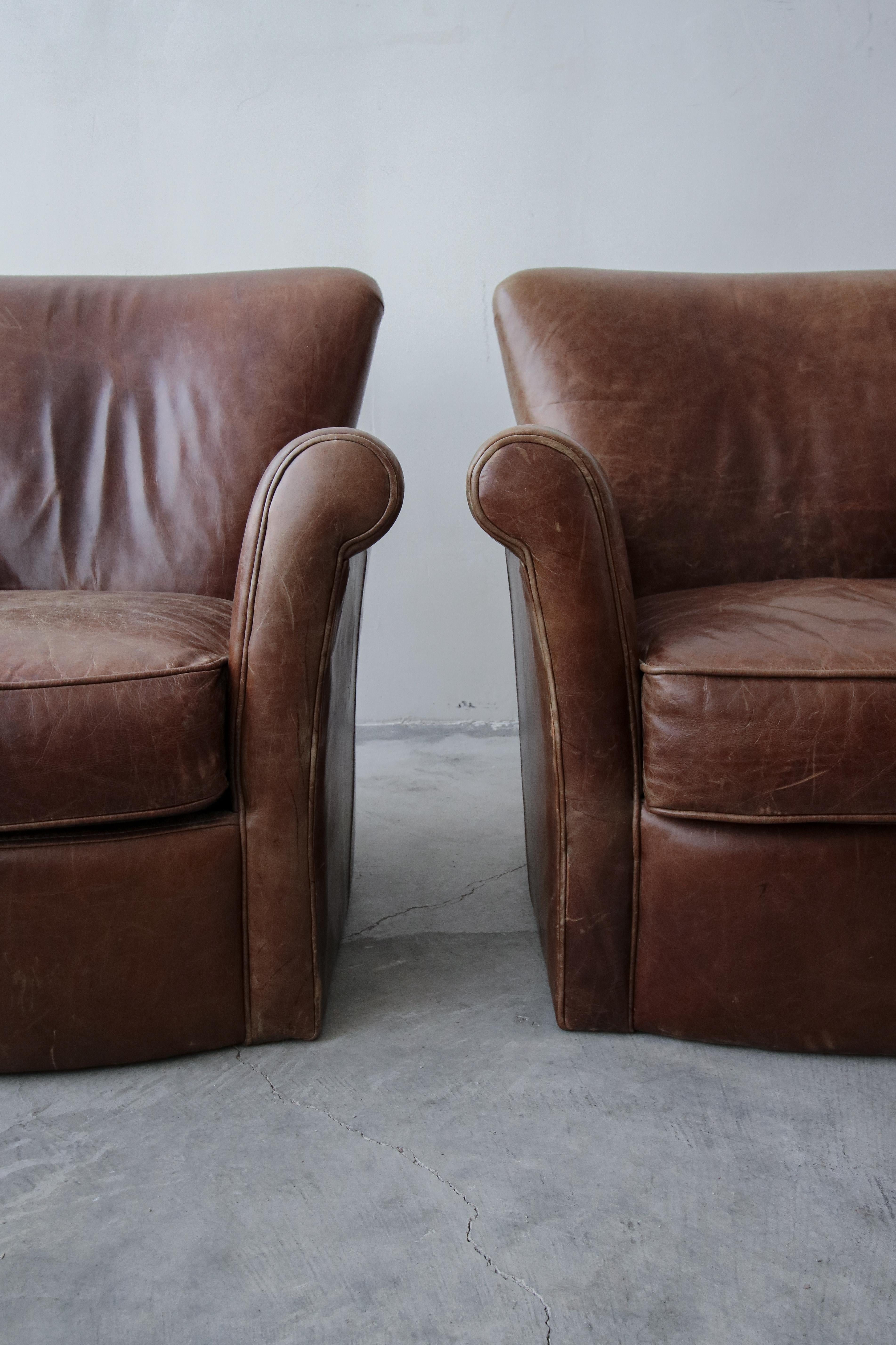 Pair of French Deco Style Patinaed Leather Club Lounge Chairs In Good Condition In Las Vegas, NV