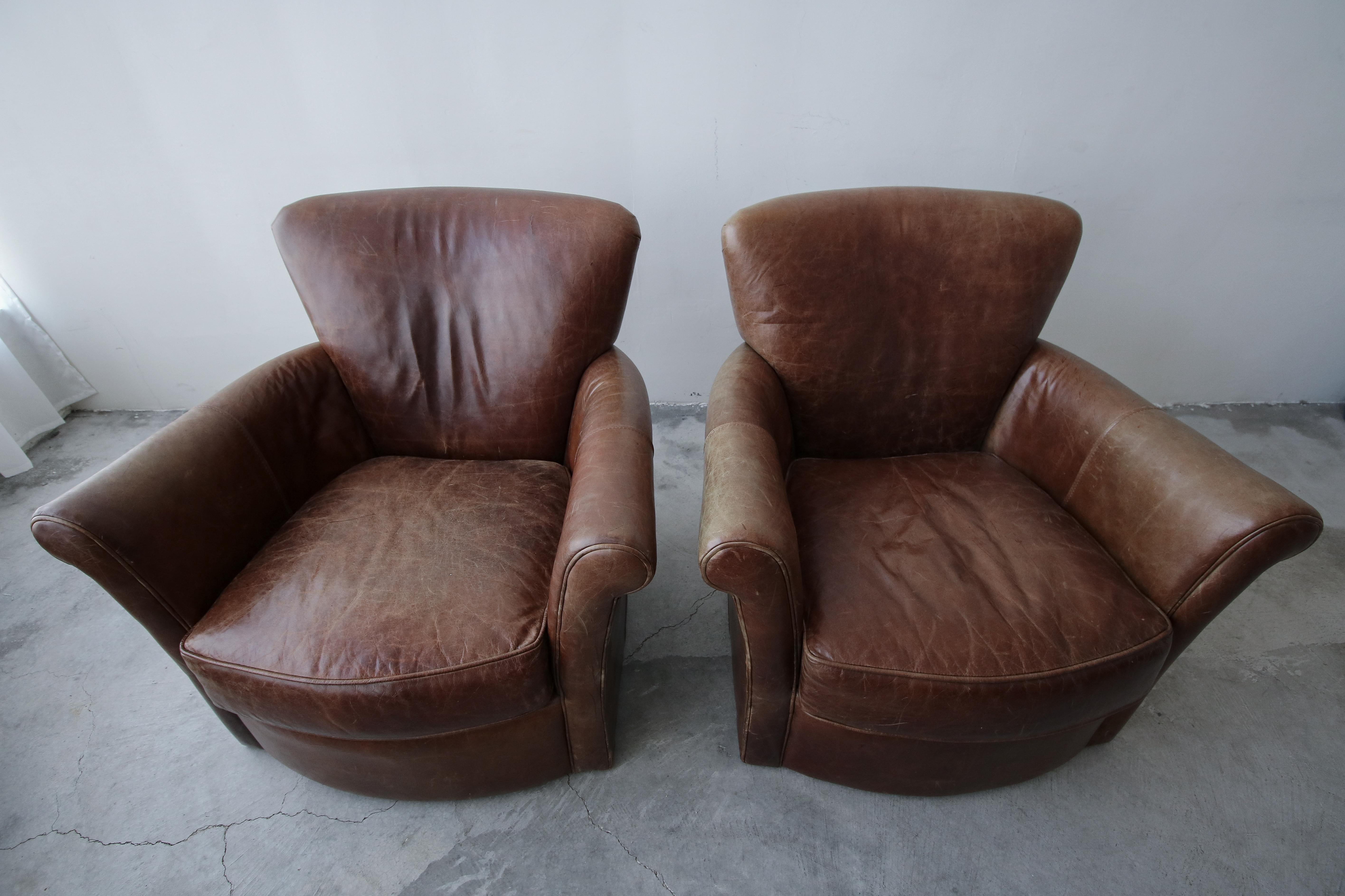 20th Century Pair of French Deco Style Patinaed Leather Club Lounge Chairs